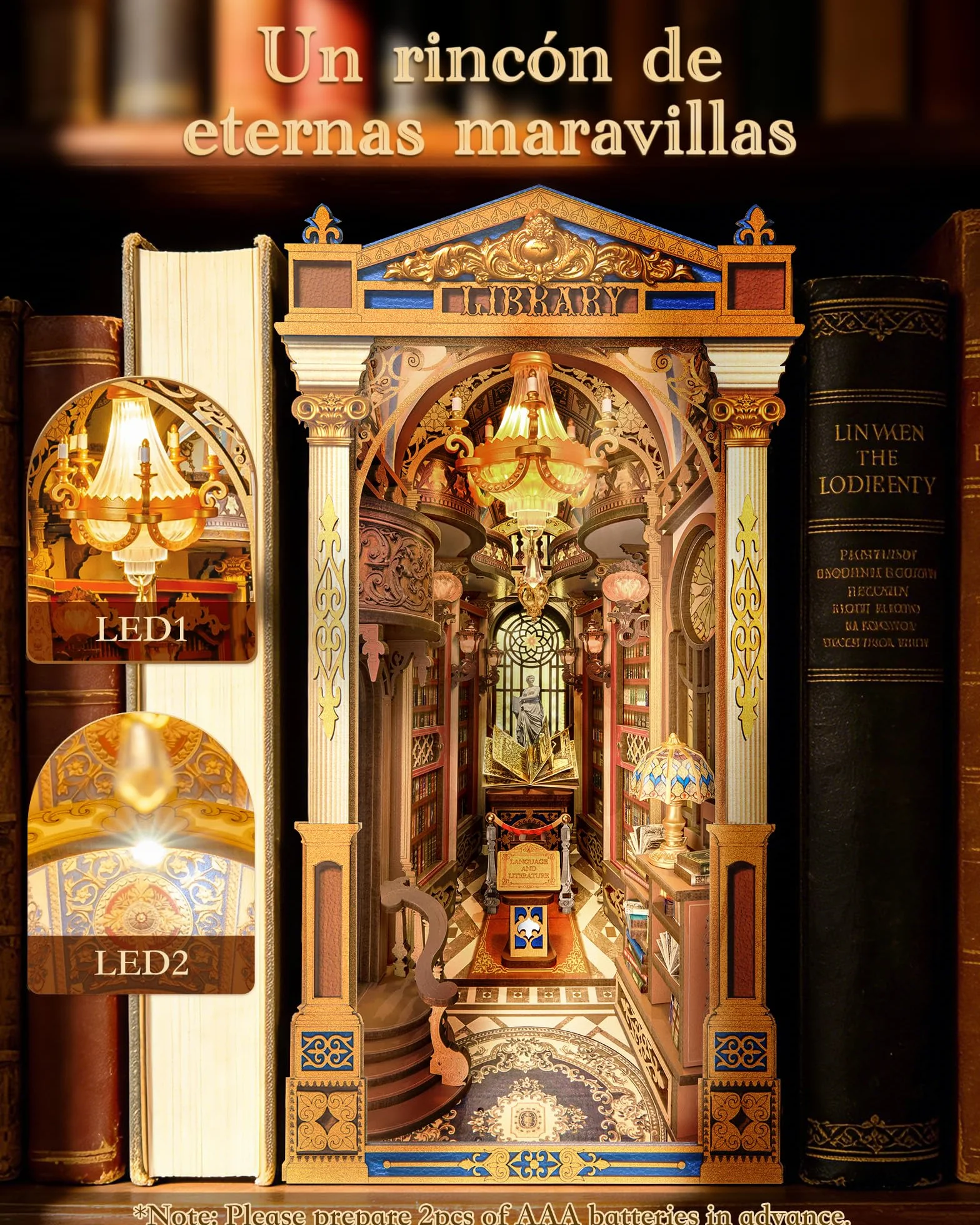 Rolife Book Nook Library of Wonders, Puzzle 3D de Madera, Kit de Casa Miniatura DIY, Sujetalibros Decorativo