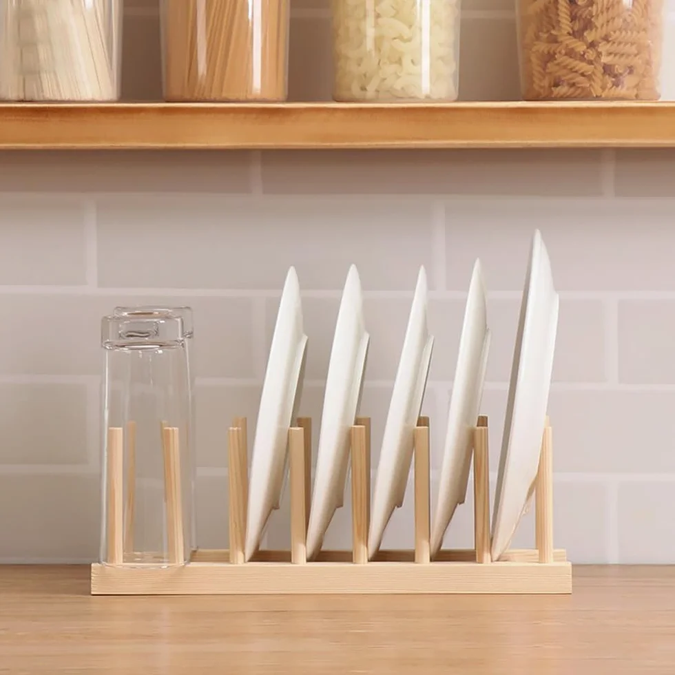 Escurreplatos de Madera Plegable Organizador de Cocina con Soporte para Platos y Vasos