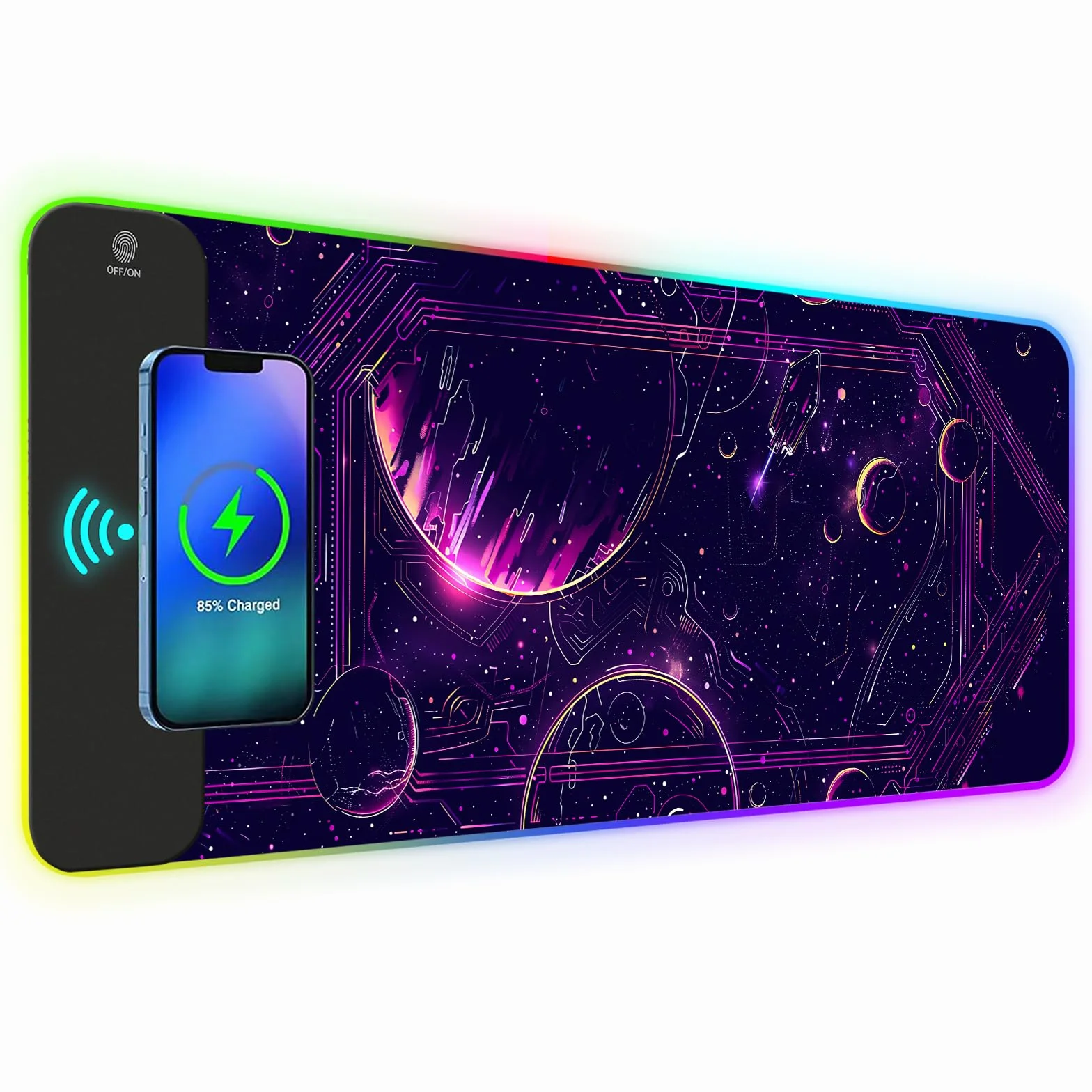 AIMSA Alfombrilla de mouse RGB para juegos con carga inalámbrica, alfombrilla de mouse grande con 14 modos de luz LED, base de goma antideslizante, almohadilla de escritorio impermeable para