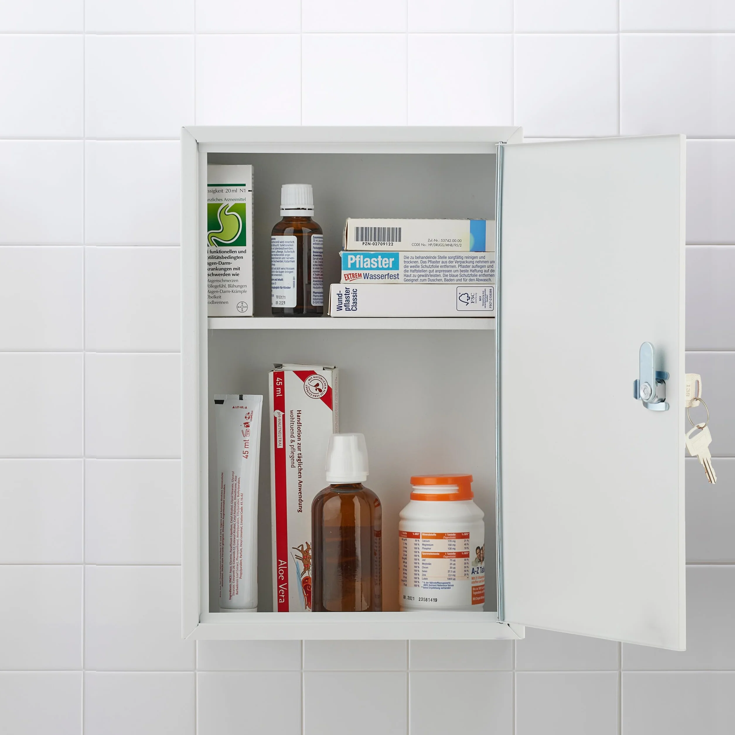Relaxdays Armario Botiquín Puerta Cruz 2 Compartimentos Cerradura 32x21,5x8 cm Caja Medicinas Colgante Blanco y Gris