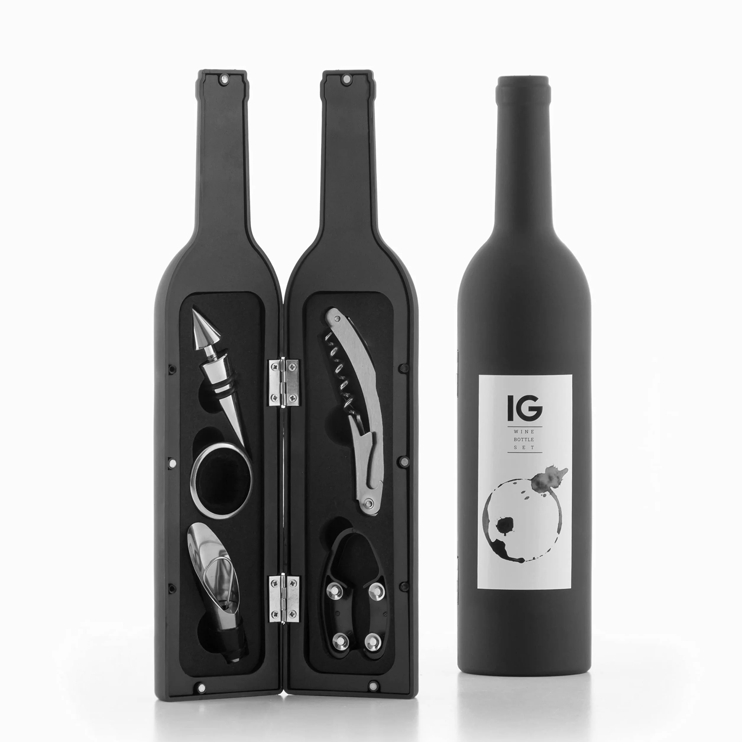 InnovaGoods Juegos de Accesorios para Vino, Set 5 Piezas, Sacacorchos con Estuche, Acero Inoxidable, Negro