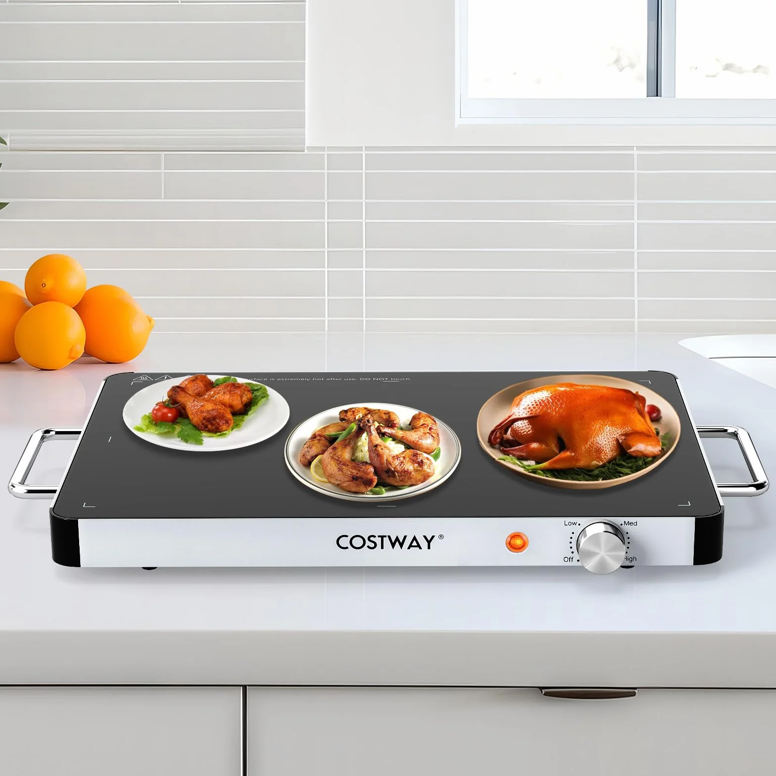 GOPLUS Bandeja de Calentamiento para Alimentos 300W 48x32 cm Vidrio Templado Temperatura Ajustable 3 Niveles