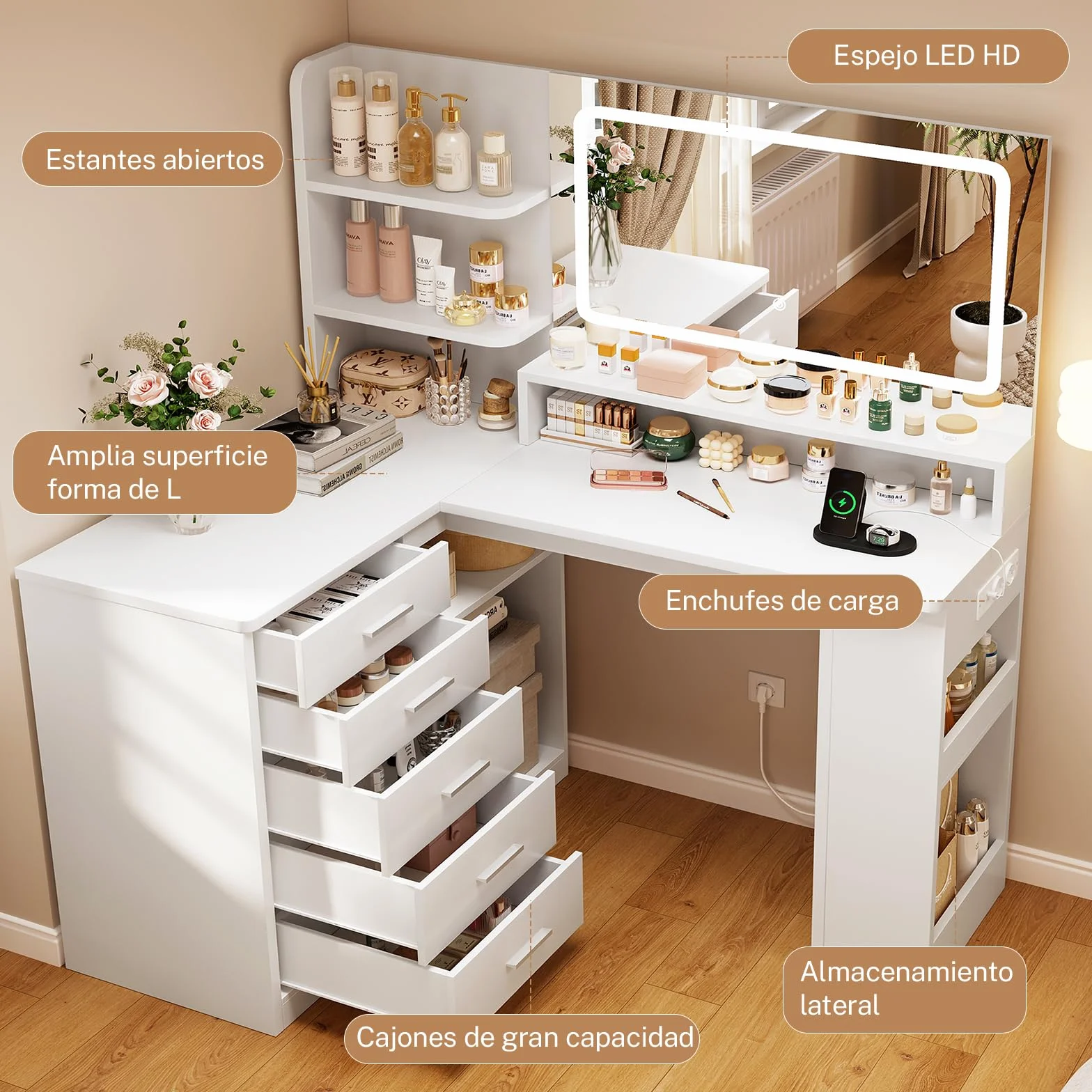 TEENFON Tocador de Maquillaje con Luz LED y Espejo, Cajones y Estantes, Mesa con Enchufes, Blanco, 5 Cajones