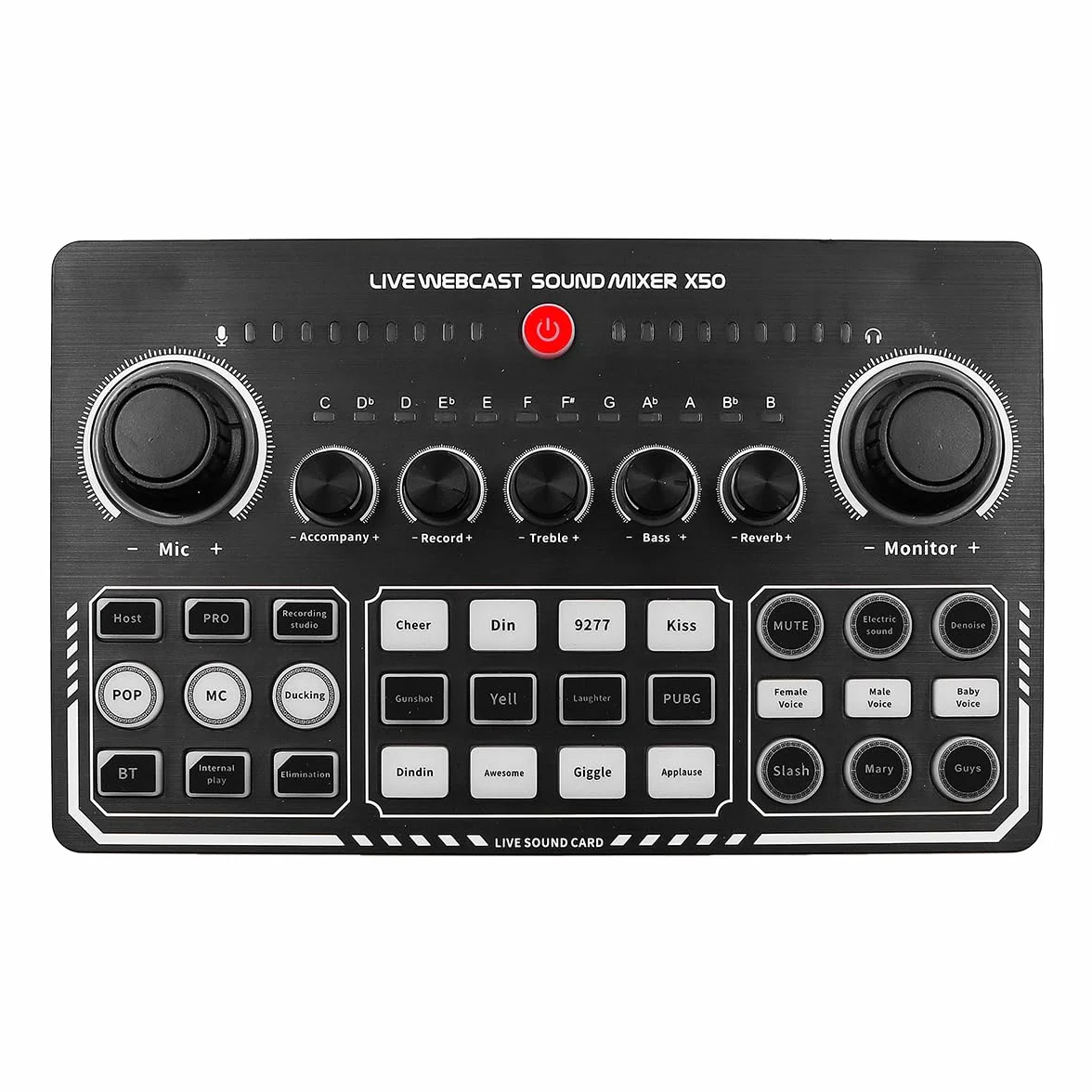 X50 - Tarjeta de sonido en vivo con 12 efectos de calentamiento, silencio con un solo toque, mezclador de DJ para transmisión en vivo y grabación de PC