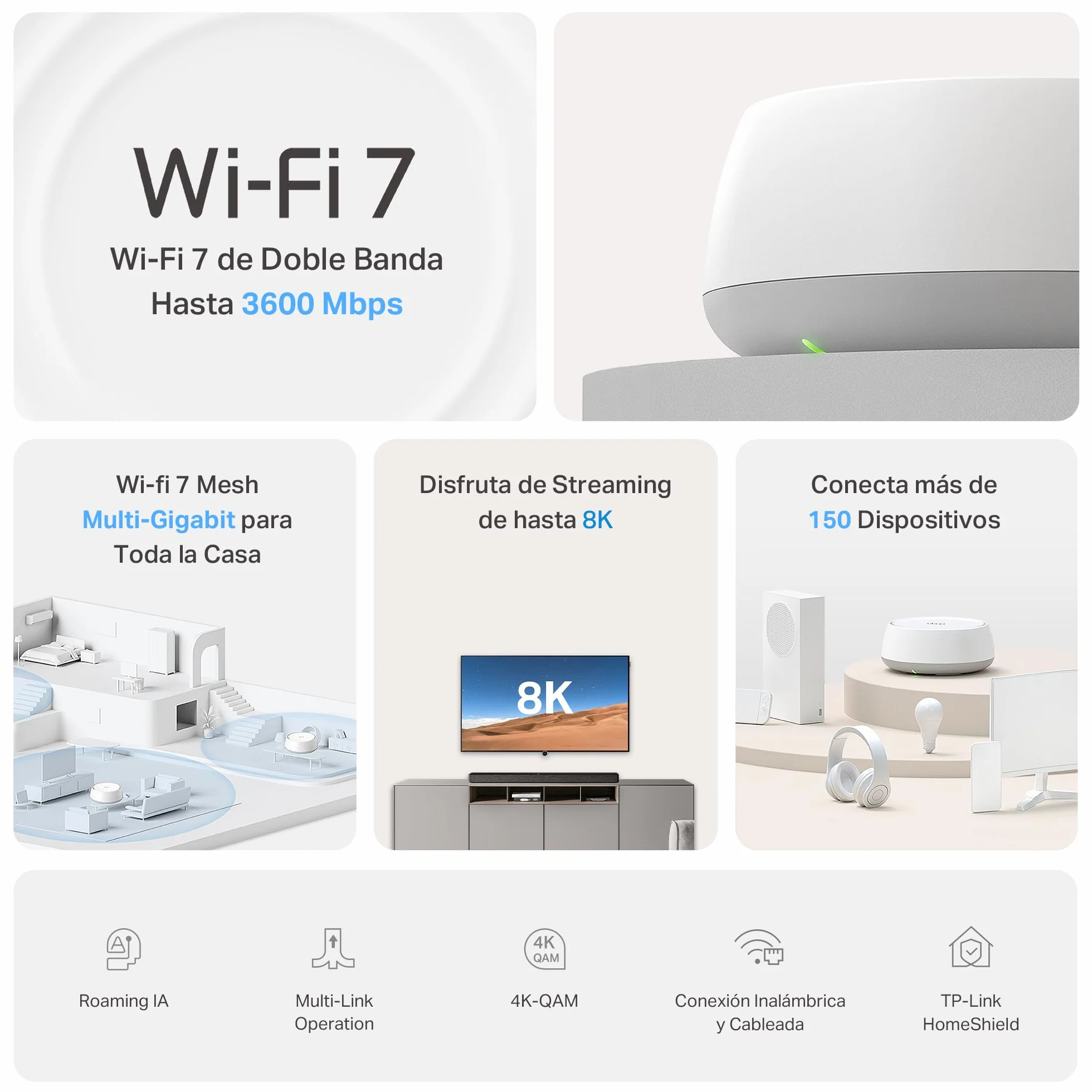TP-Link Deco BE3600 (3-Pack) – Mesh Wi‑Fi 7 de Doble Banda hasta 3,6 GB/s, backhaul híbrido inalámbrico y por Cable, MLO, 2 Puertos Gigabit por Unidad, Seguridad HomeShield