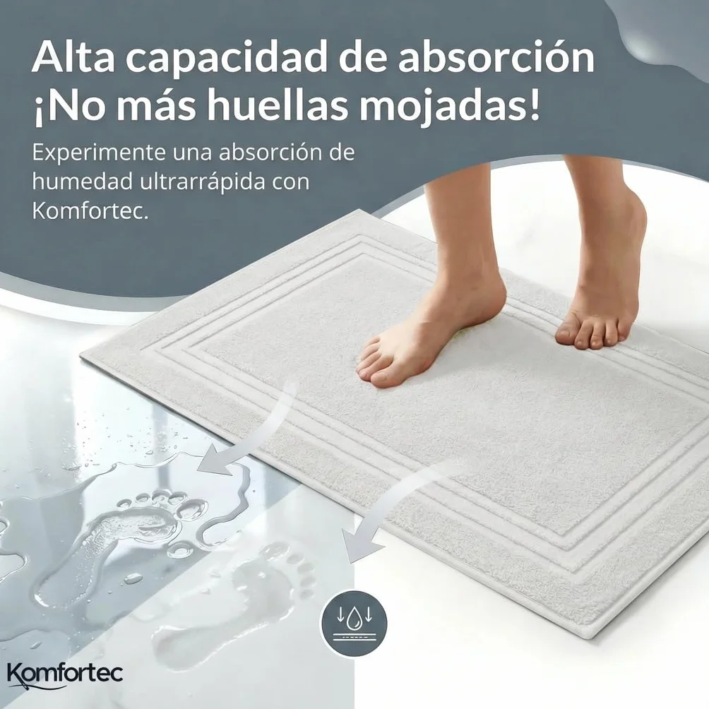 Alfombras de Baño de Algodón 50x70 600 g/m² Absorbente Secado Rápido Blanco Komfortec