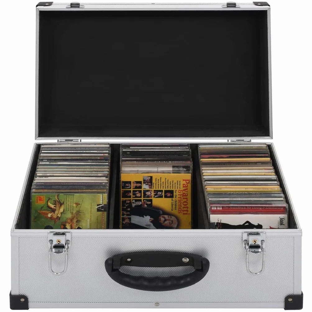 Maletín para 60 CD de aluminio ABS plateado con placas de almacenamiento, con cerradura, funda para DVD, organizador de almacenamiento para coche, oficina en casa, viajes