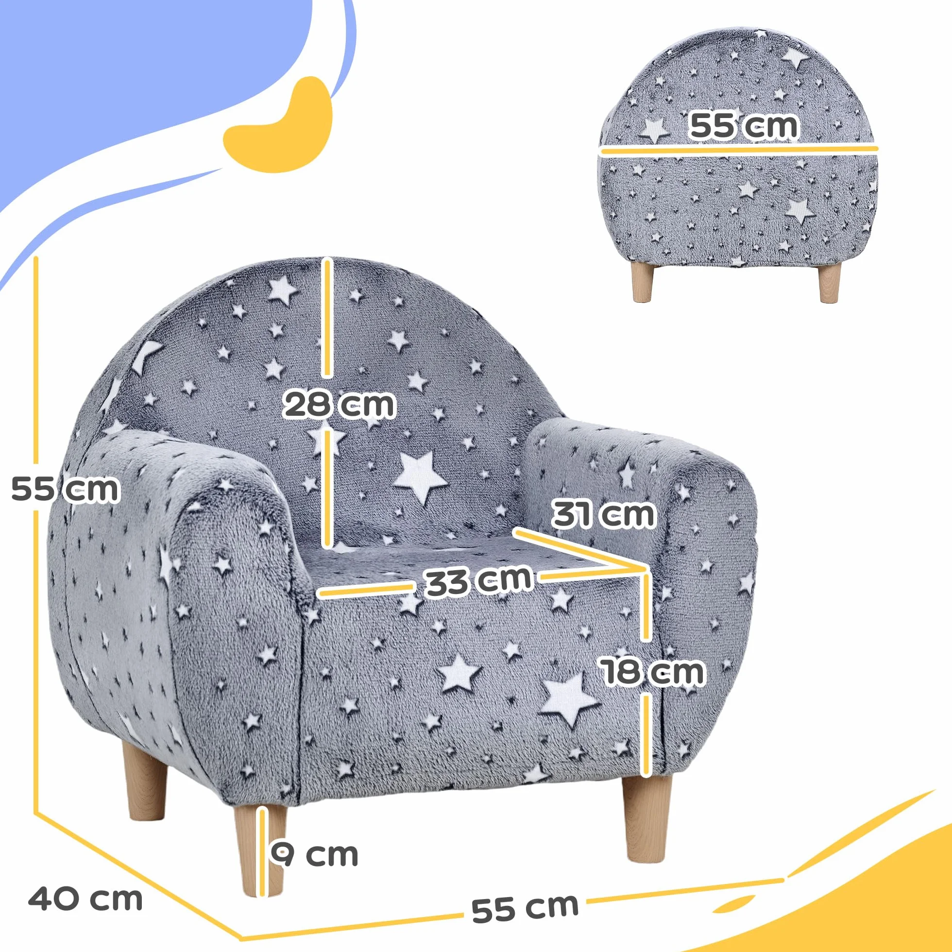 AIYAPLAY Sillón Infantil con Reposabrazos Estrellas Brillan Oscuridad Sofá Niños 18-36 Meses Terciopelo 45 kg Gris
