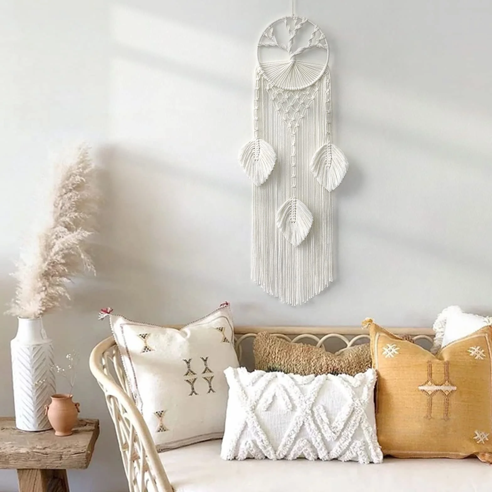LOMOHOO Árbol de la Vida Atrapasueños Macramé Colgante de Pared Bohemio con Hoja de Plumas