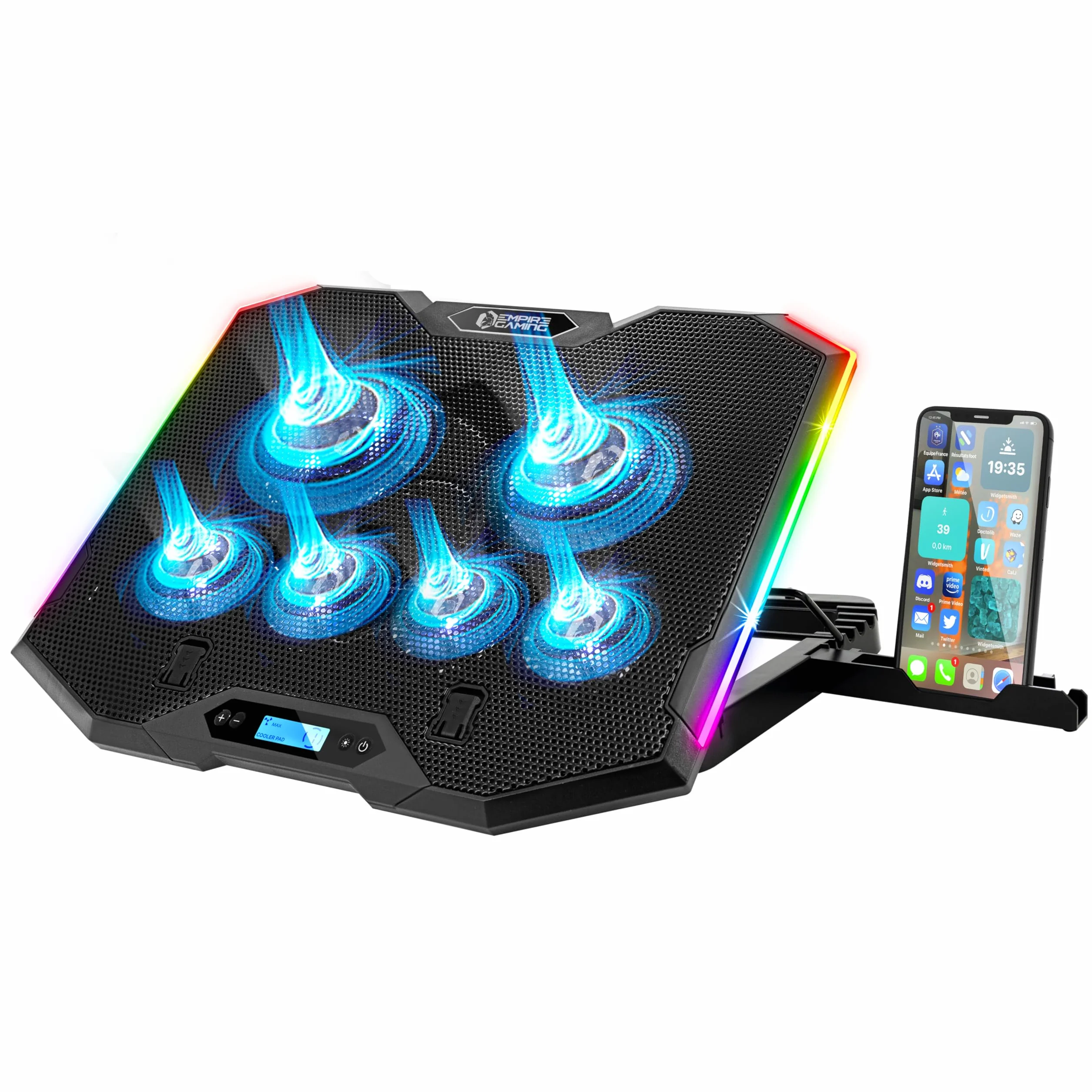 EMPIRE GAMING - Guardian S-C100 Refrigerador PC Ordenador Portátil RGB Gamer – 6 Ventiladores - Controlador LCD - 5 Alturas Regulables – Compatible de 12’’ a 17’’ -Soporte Smartphone Desmontable