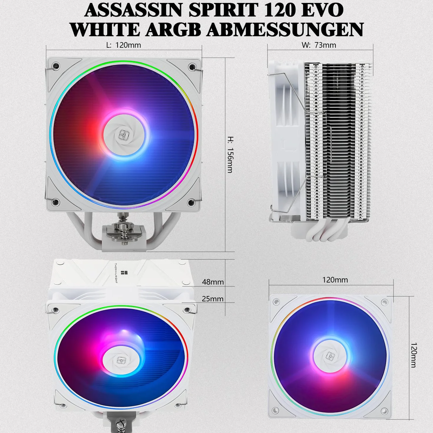 Thermalright Assassin Spirit 120 EVO Enfriador de procesador ARGB blanco, 4 tubos de calor, con ventilador TL-S12W-S PWM silencioso, compatible con AMD, AM4, AM5, Intel 1700, 1150, 1151, 1200