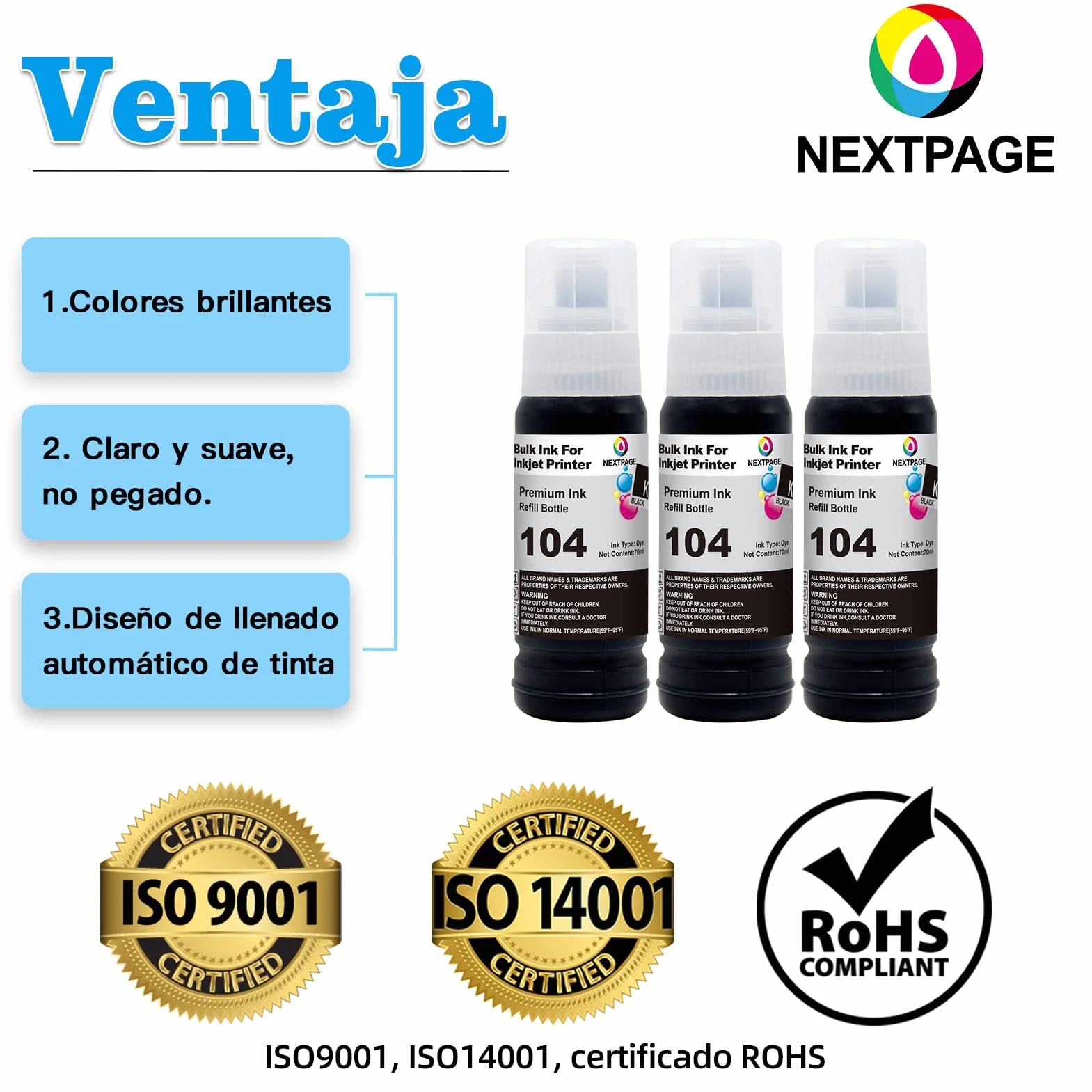 Nextpage EP-104 Tinta Compatible para EP-104 Epson EcoTank Botella de tinta para ET-2820 ET-2810 ET-2870 ET-2710 ET-2711 ET-2712 ET-2714 ET-2715 ET-2720 ET-2726 ET-4726 00 3 Negro (no original)
