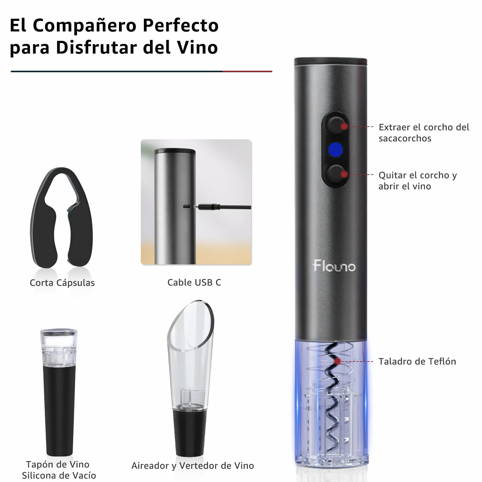 Flauno Sacacorchos Eléctrico 6 en 1 Recargable con Abridor de Vino, Corta Cápsulas, Vertedor y Tapón