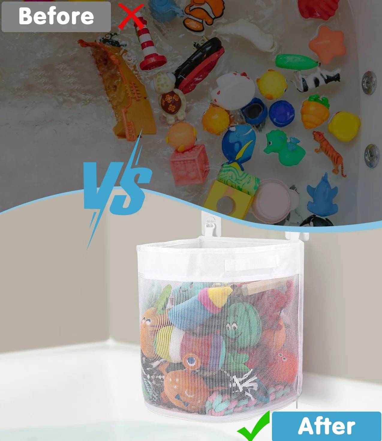 Bixury bolsa organizadora de juguetes para bañera malla 26,5×23,5×31 cm 2 ganchos autoadhesivos