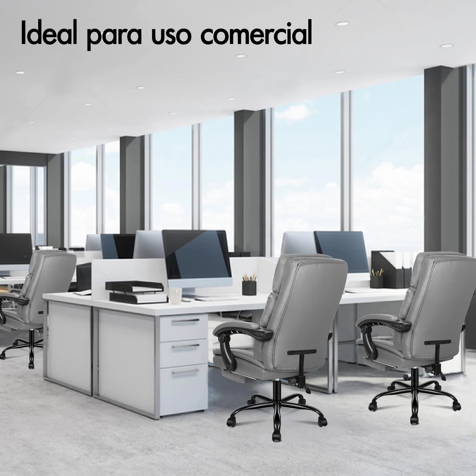 ALFORDSON Silla Oficina Ejecutiva Ergonómica Reclinable con Reposapiés, Cuero PU Gris