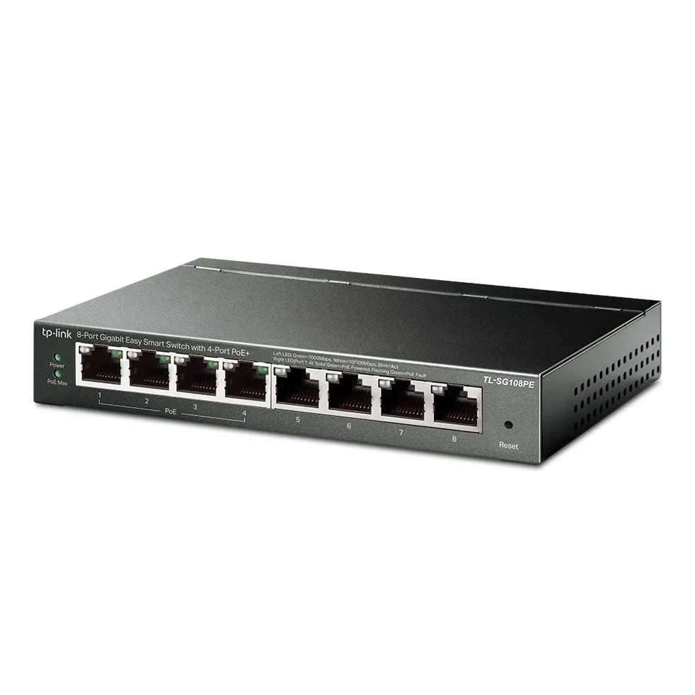TP-Link TL-SG108PE Interruptor Gigabit PoE (Easy Smart, Administrado de 8 Puertos con 55W 4-PoE, Plug and Play, Escritorio, Metal, Toda la Vida, Cumple con IEEE 802.3af)