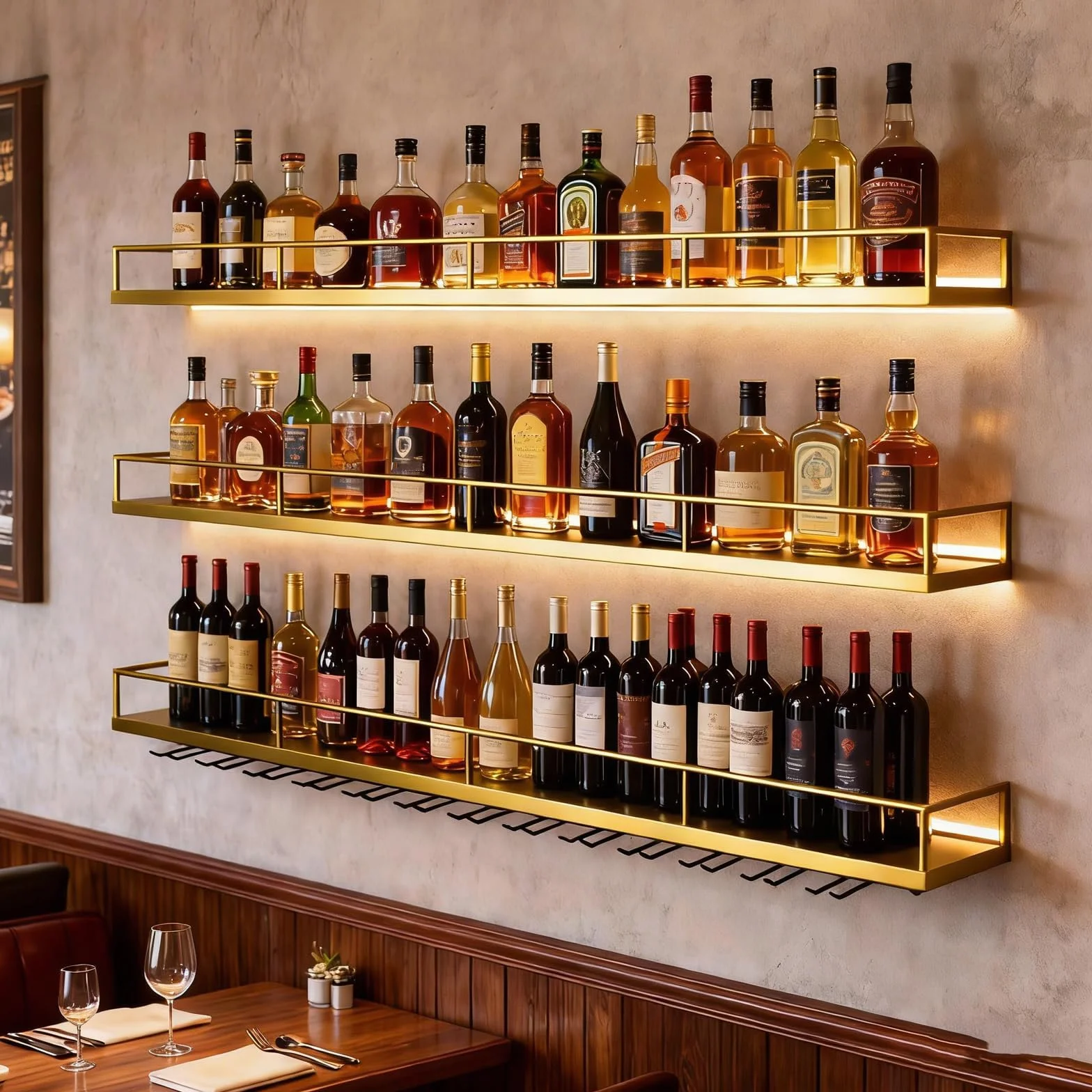 Portabotellas de Pared con Luces LED y Portavasos - Exhibidor de 3 Estantes para Vino, Estructura Metálica, 120cm, Oro