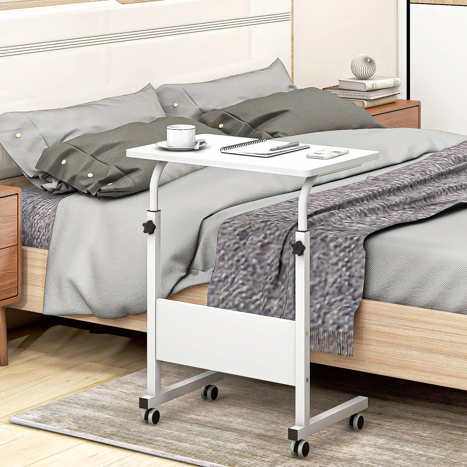 Mesa portatil Ordenador Escritorio con Ruedas 60x40cm Ajustable Altura (Arce Blanco)
