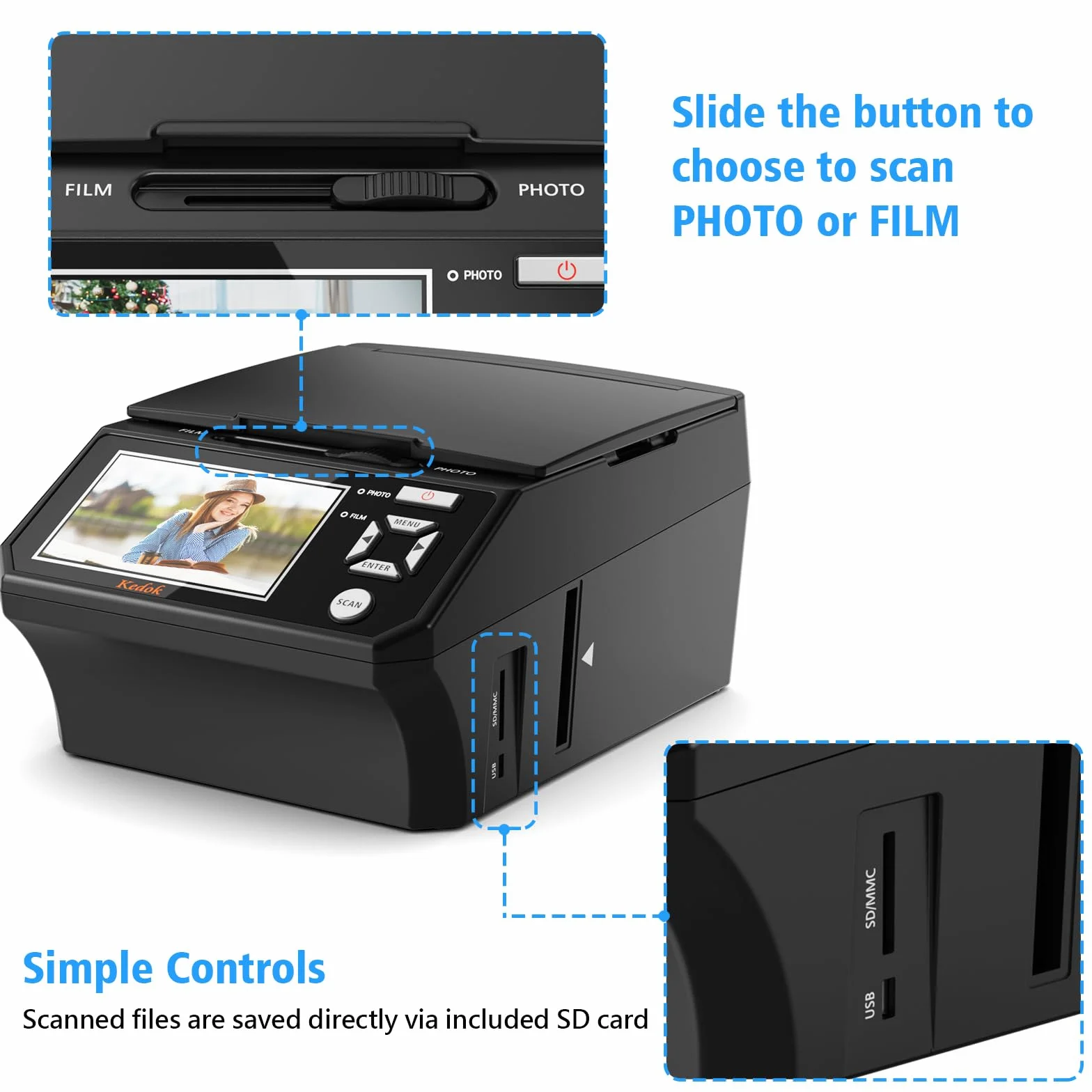 Escáner Digital de película y Diapositivas, con Pantalla LCD de 5 Pulgadas, Convierte películas, Fotos y Tarjetas de Visita de 35 mm y 110 mm en Tarjeta SD de Alta resolución JPEG de 22 MP de 8 GB