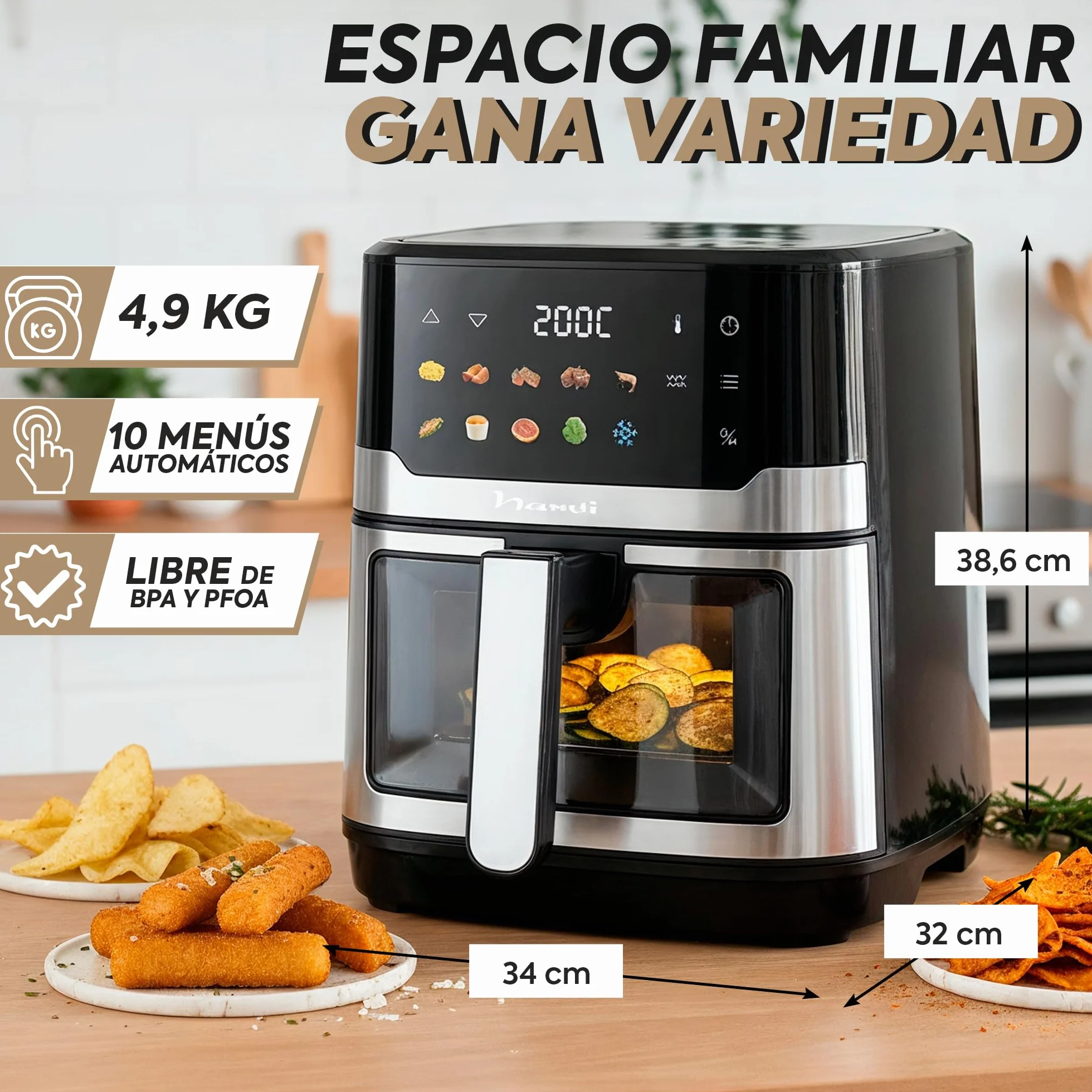Narvi Freidora de Aire Doble Resistencia 6.5L 2200W 10 Menús Panel Digital Táctil