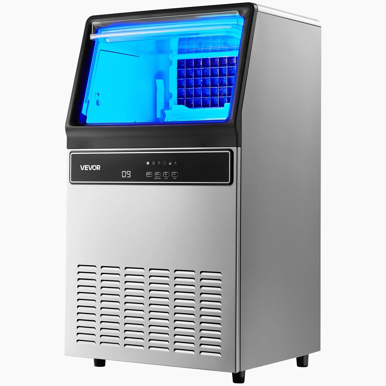 VEVOR Máquina para Fabricar Hielo 54,4 kg/24 h 15 kg Acero Inoxidable Encimera Pantalla LED