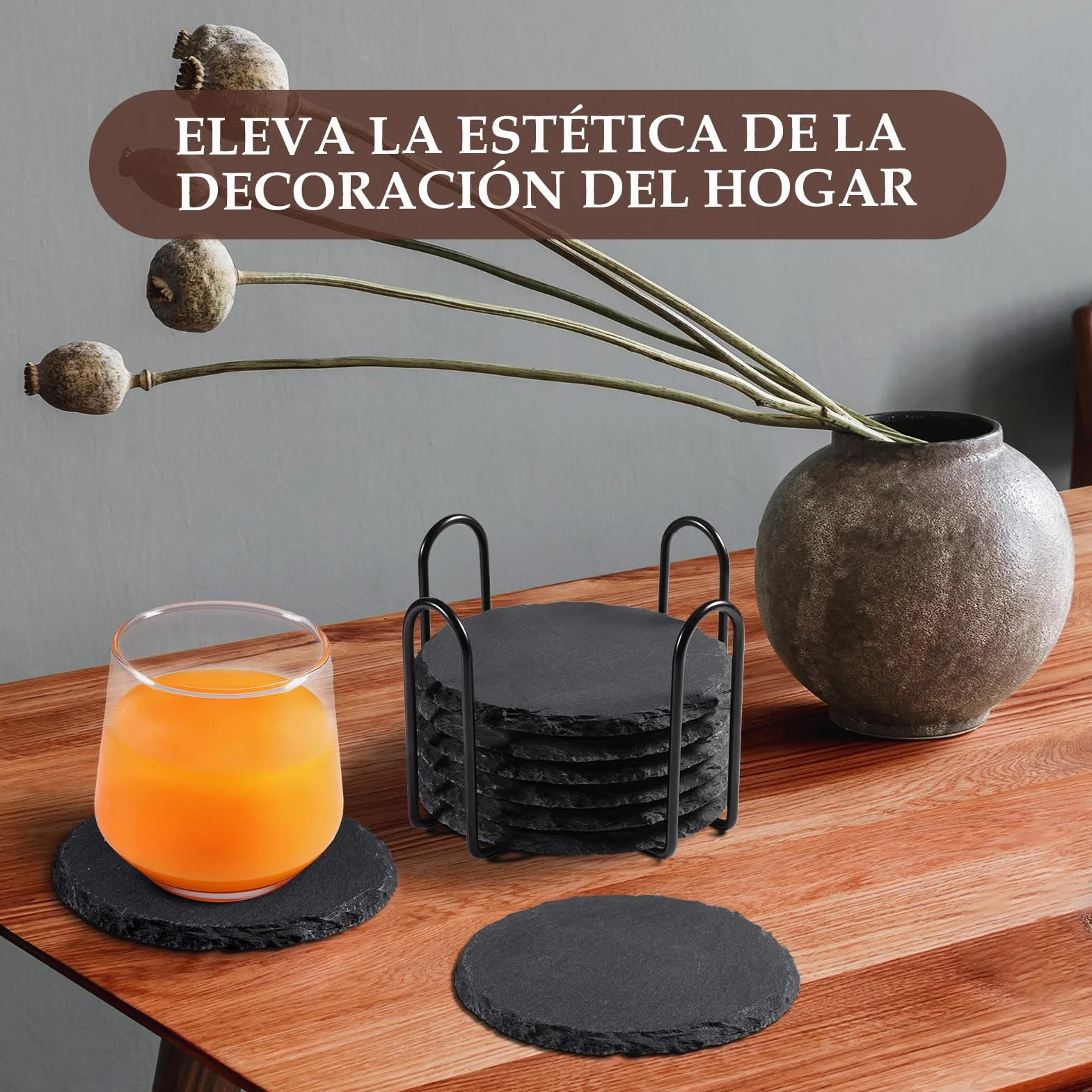 Portavasos De Pizarra con Soporte Metálico Set de 8 Unidades Redondos 4 Pulgadas