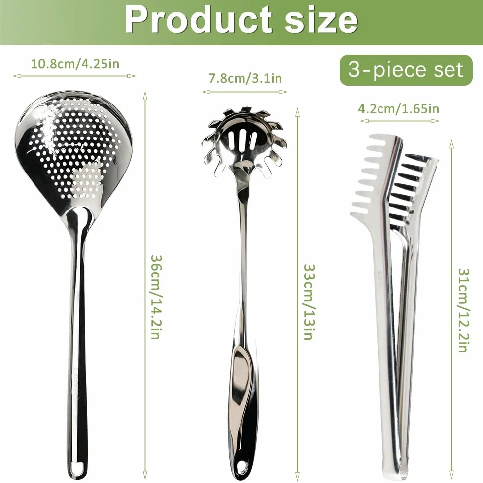 YunBey Juego de Utensilios para Pasta de Acero Inoxidable 304, Pinza para Espaguetis, Cuchara y Espumadera