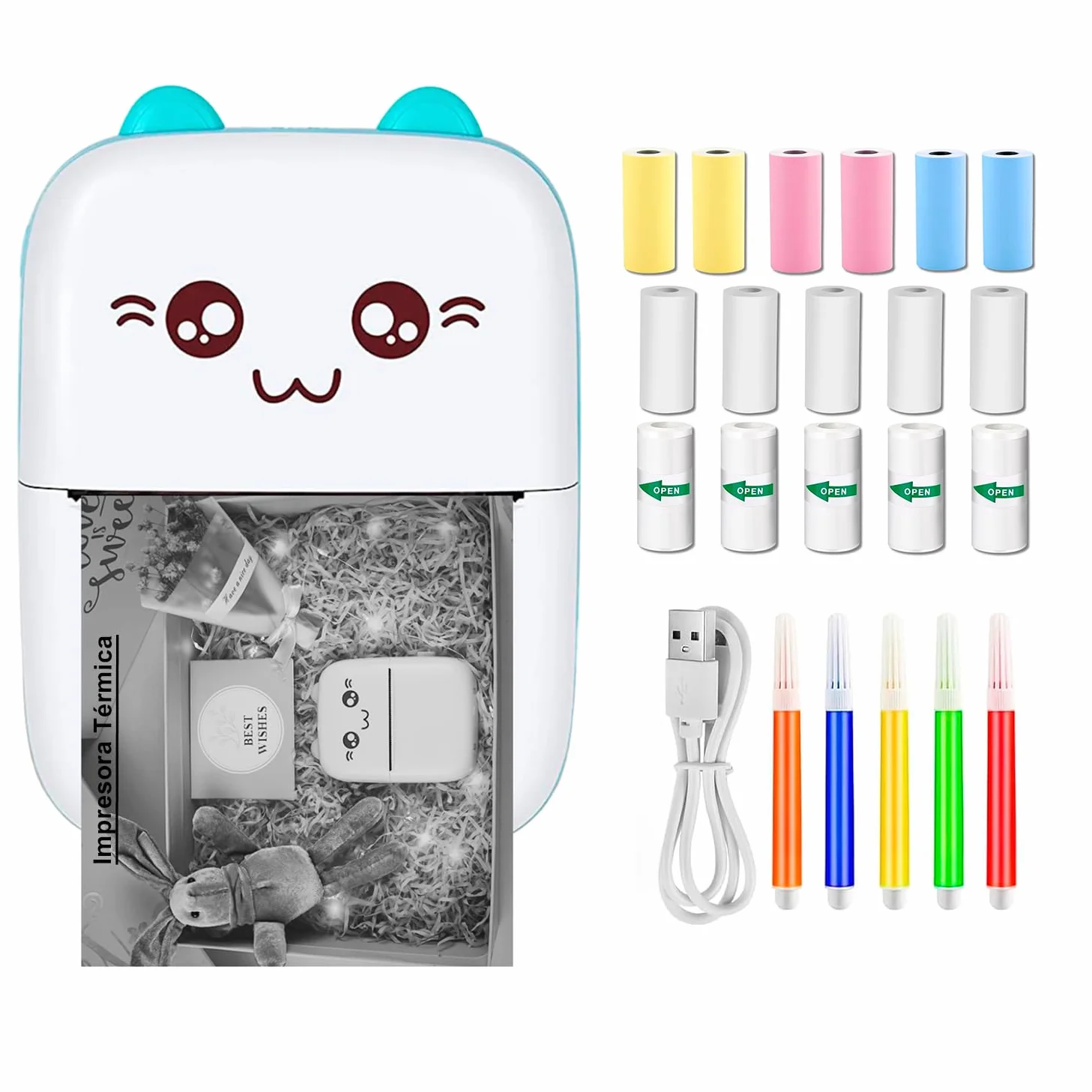 Mini Impresora Termica para Movil Compatible con iOS, Android Impresora Portatil Recargable Impresora Bluetooth, 16 Rollos de Papel (Azul)