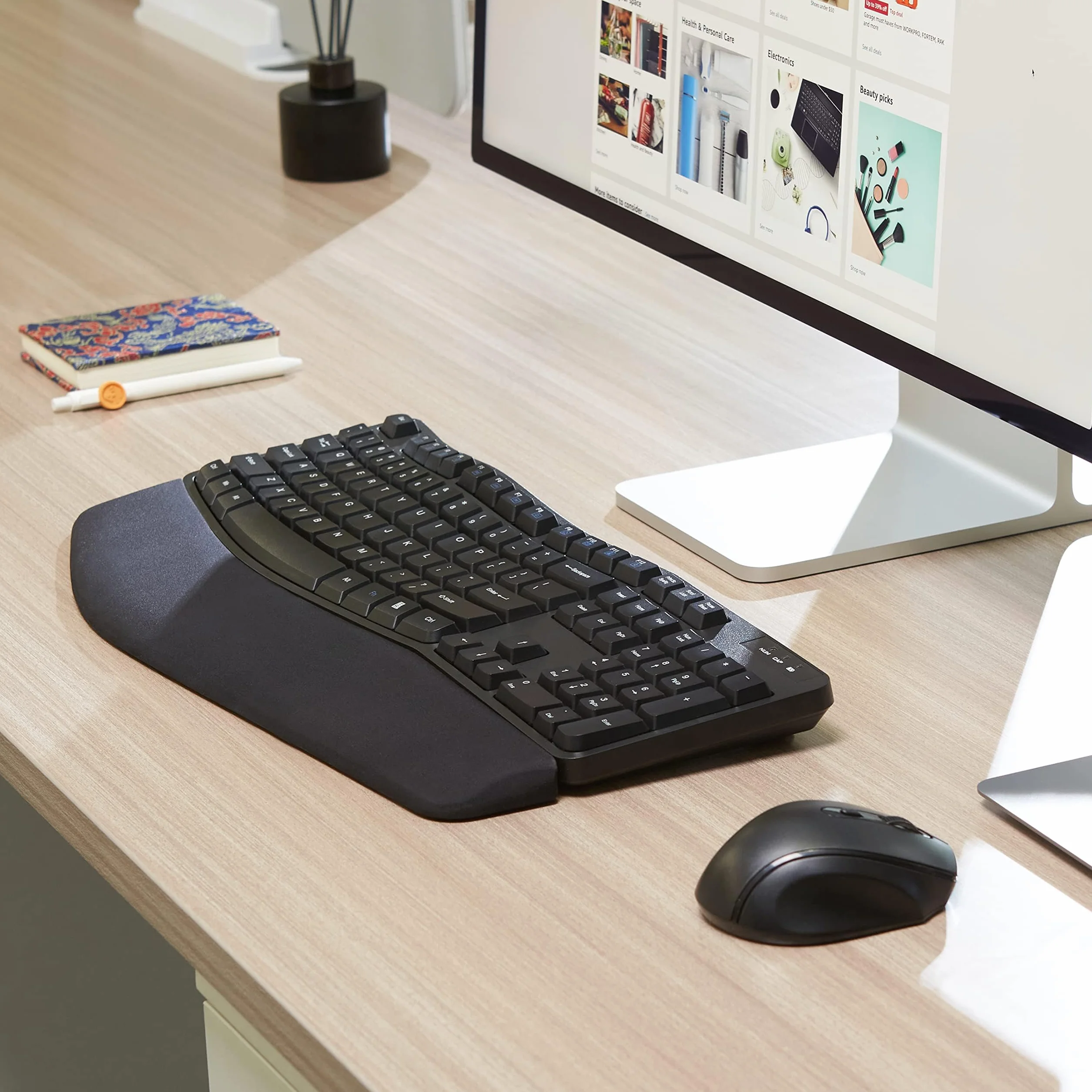 Amazon Basics Conjunto de Teclado y ratón inalámbricos ergonómicos (Teclado español), Negro