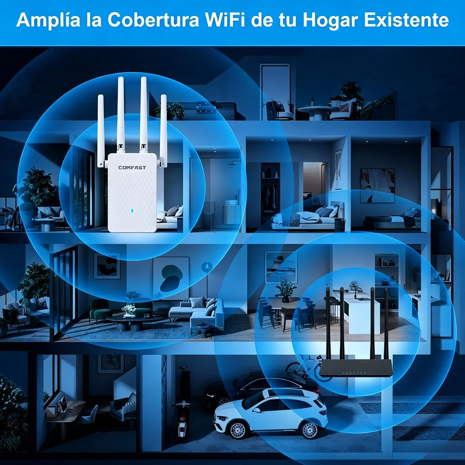 COMFAST Repetidor WiFi, AC1200M Amplificador Señal WiFi, 2.4/5 GHz Amplificador WiFi Potente con Puerto Ethernet, 4 Antenas Externas, Extensor de WiFi para Casa y Oficina, WPS, Repetidor/Router/Ap