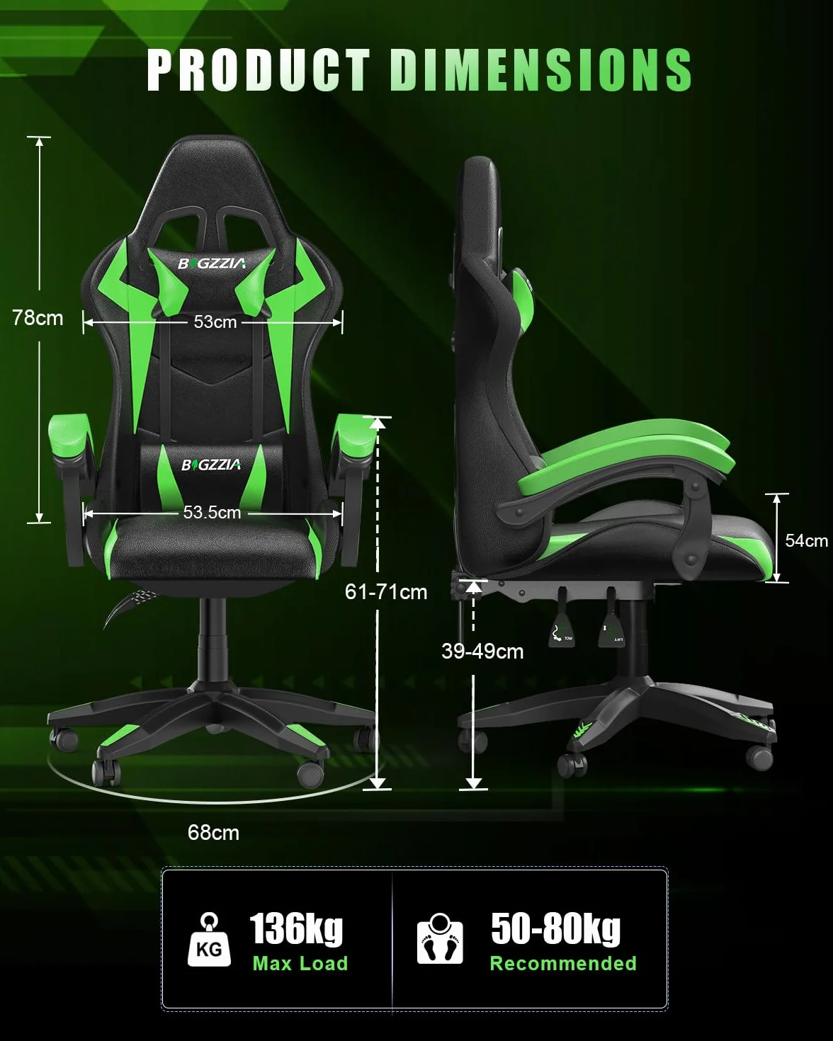 Silla Gaming con Luces LED, Ergonómica, Altura Regulable con Apoyo Lumbar y Reposacabezas, Respaldo Inclinable 155°, RGB Verde