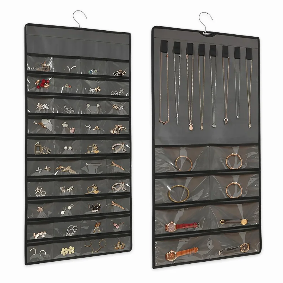 48 Compartimentos Organizador de Joyas Colgante 43 X 78 CM,Colgador Collares Pared con Ganchos,Soporte Collares Expositor para Colgar,Hanging Jewelry Organizer para Anillo, Pulsera -Gris