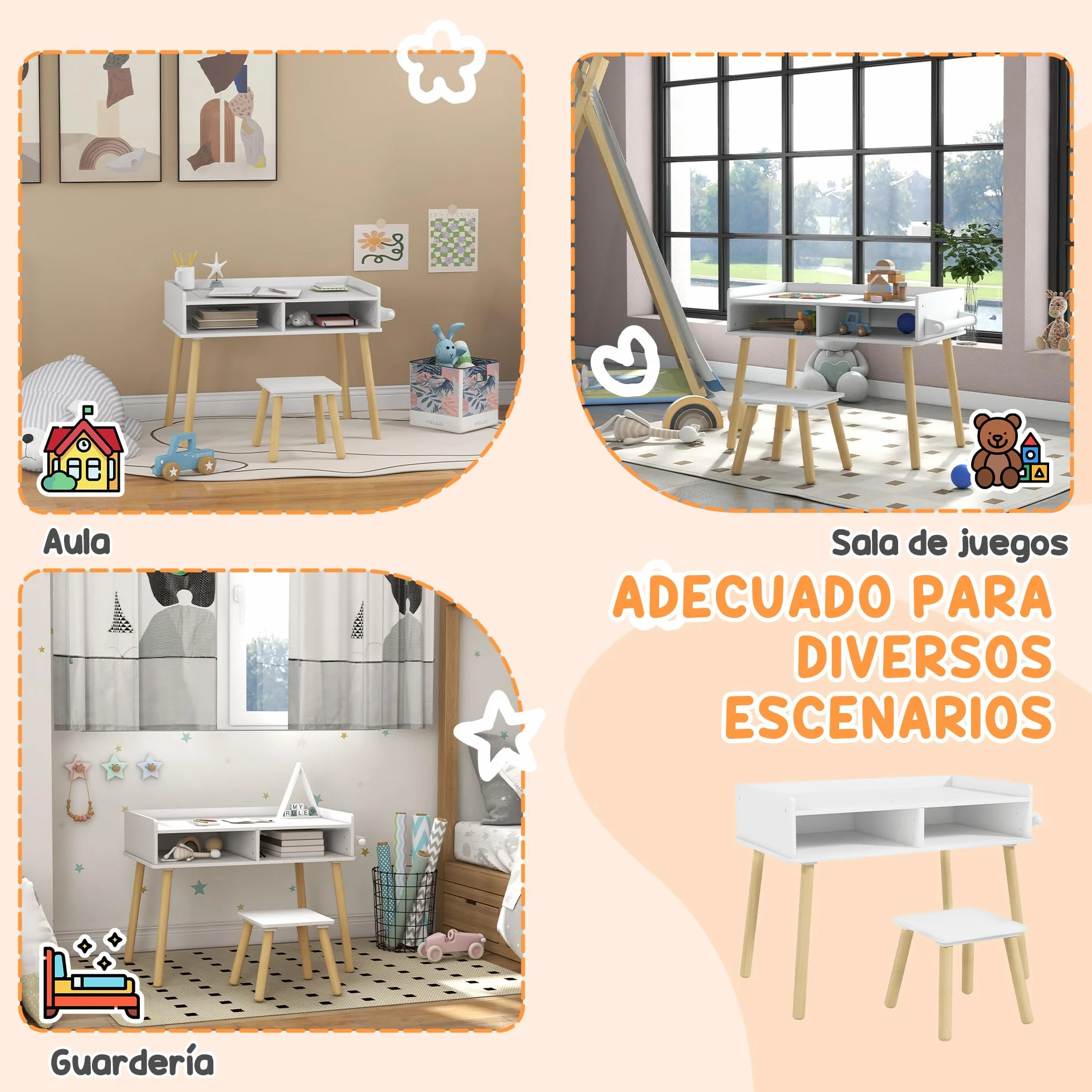 HOMCOM Juego de Mesa y Silla Infantil con Tablero de Bloques y Rollo de Papel Blanco