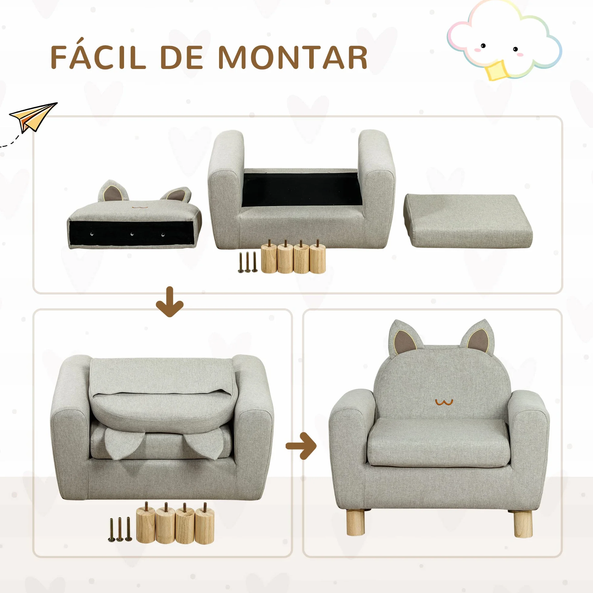 HOMCOM Sillón Infantil Mini Sofá para Niños 3 Años Asiento Acolchado Reposabrazos Bolsillo Almacenamiento Estructura Madera 45 kg 61x42x53 cm Marrón