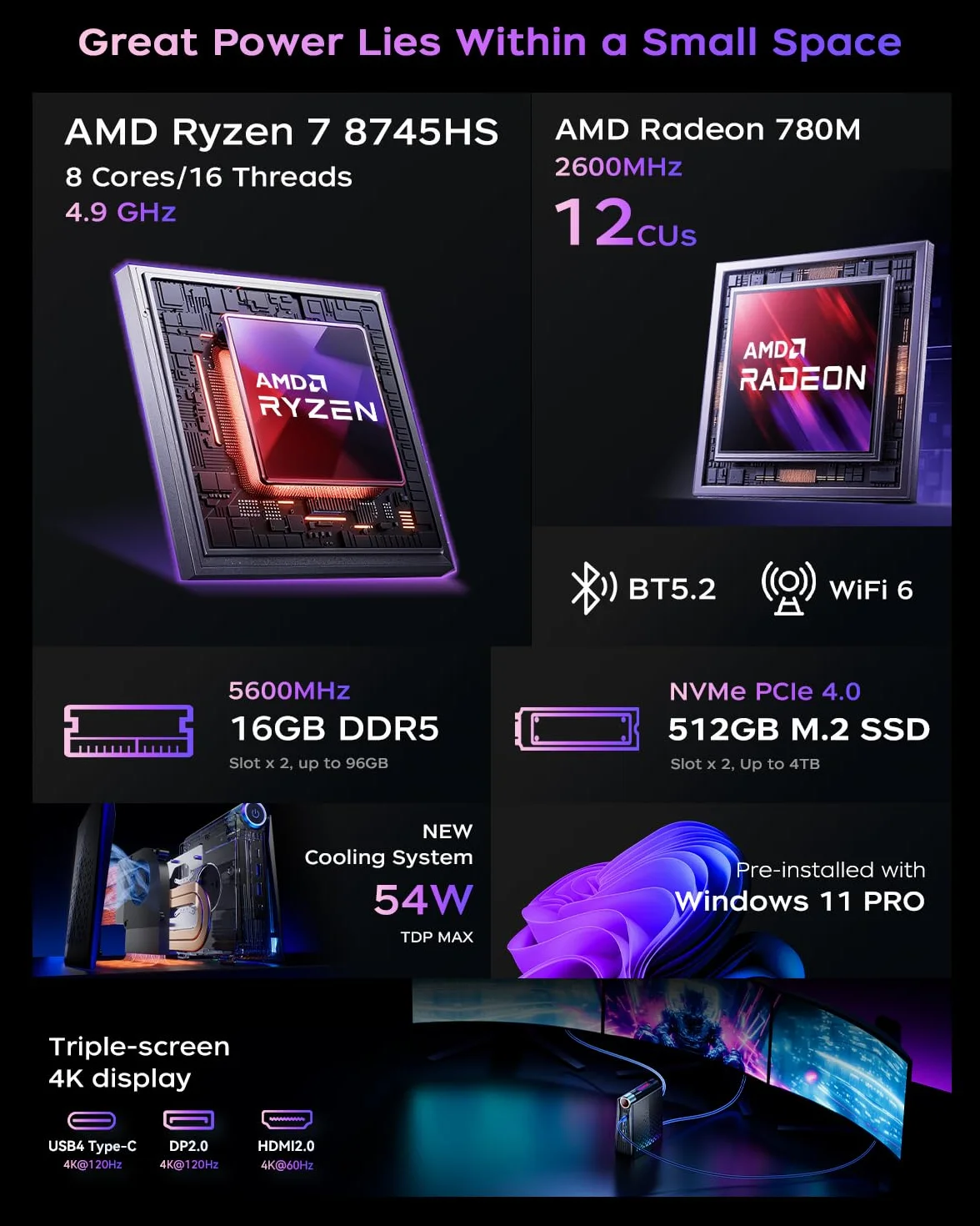 ACEMAGICIAN AMD Ryzen 7 8745HS (hasta 4,9 GHz) Mini PC, 16 GB DDR5 512GB SSD, AMD Radeon 780M Mini Ordenador, Luces RGB, 3 Modos (Auto/Eco Silencio/Rendimiento)