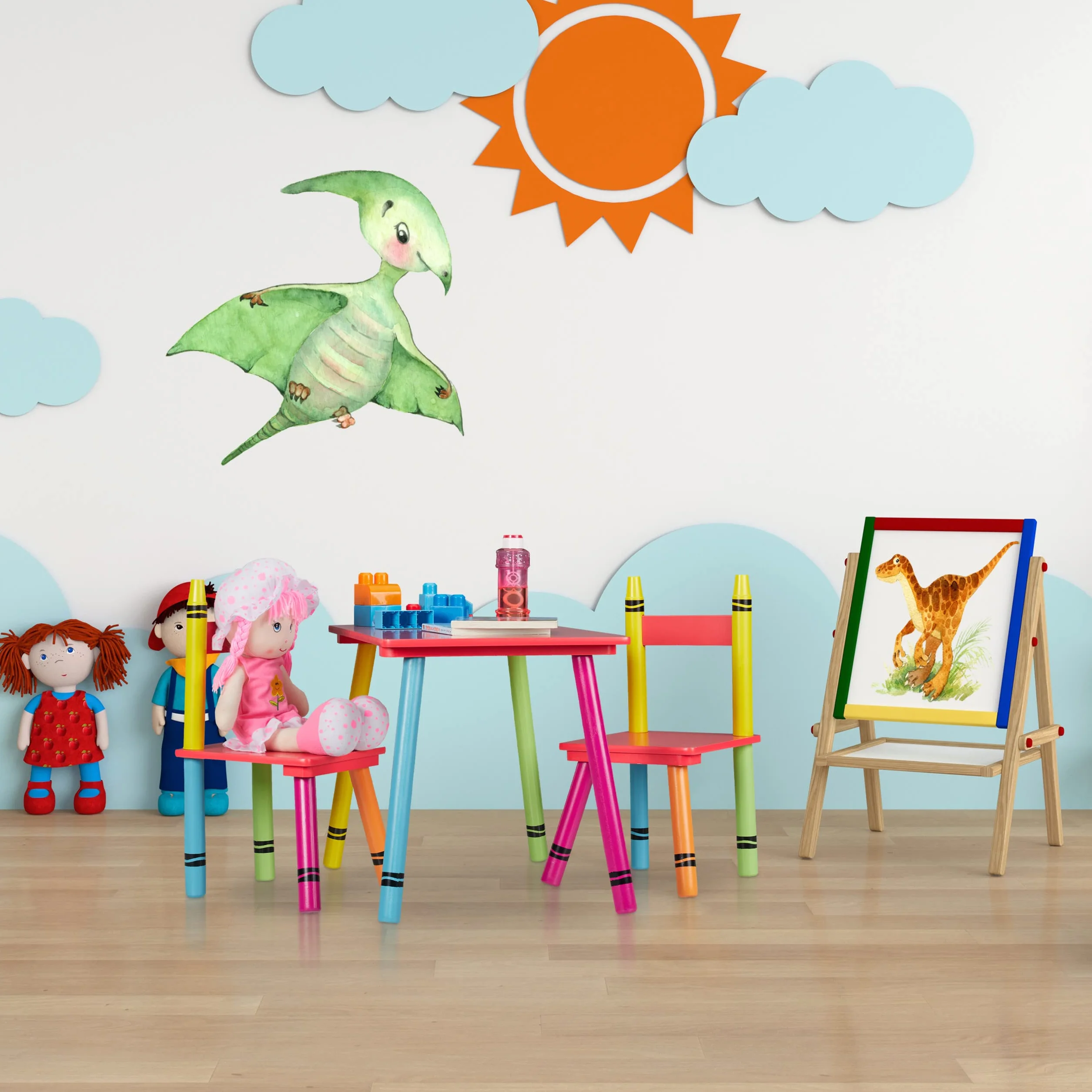 Relaxdays Mesa y Sillas Infantiles Crayones 2 Asientos MDF Madera Multicolor
