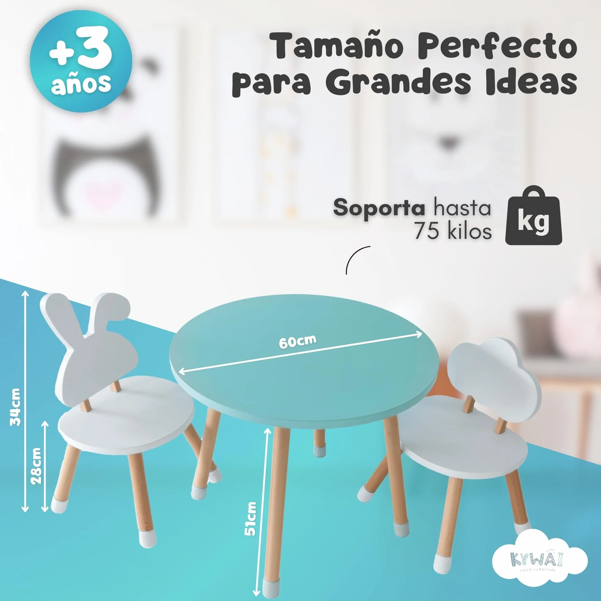 Mesa y Silla Infantil Madera Pino Conjunto Mesa Redonda 2 Sillas Blanco