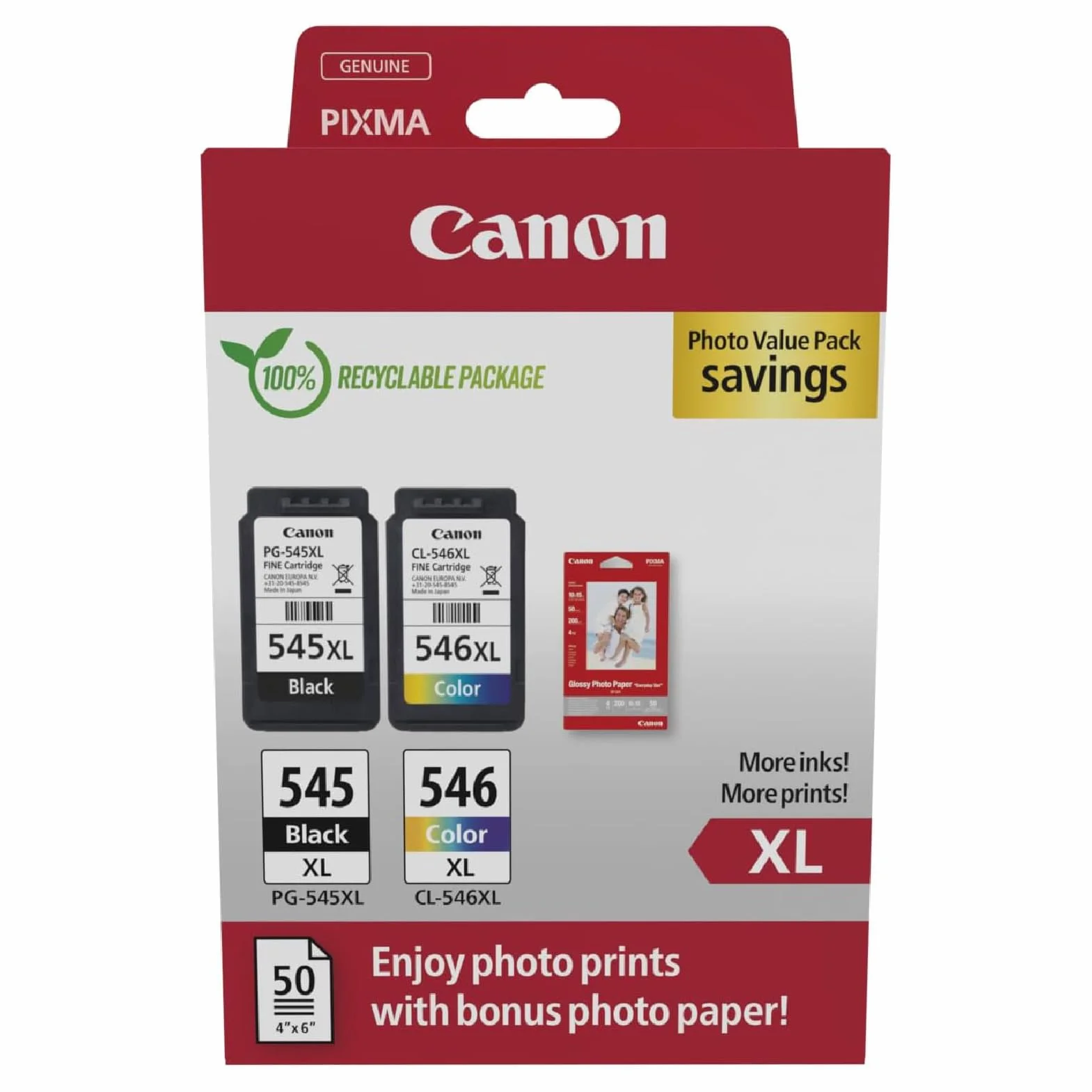 Canon PG-545XL + CL-546XL, Cartuchos de Tinta Original, Cartucho de Tinta Independiente en Color Negro y Cartucho Multicolor, Incluye 50 Hojas Papel Fotográfico 4 x 6, Compatible con Impresoras PIXMA