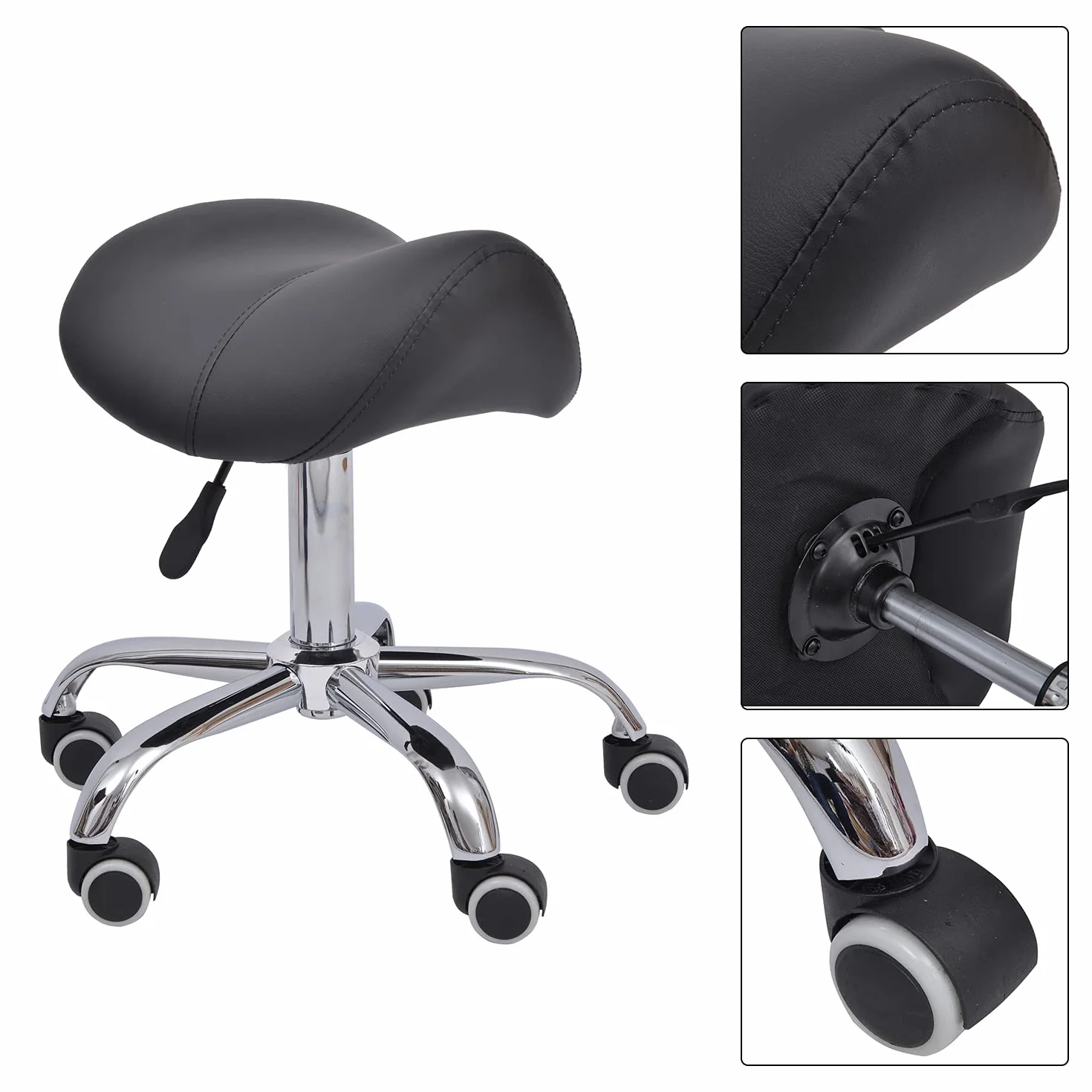 HOMCOM Taburete Giratorio con Ruedas Altura Ajustable Carga 120 kg 52x53x49-61 cm Blanco y Negro