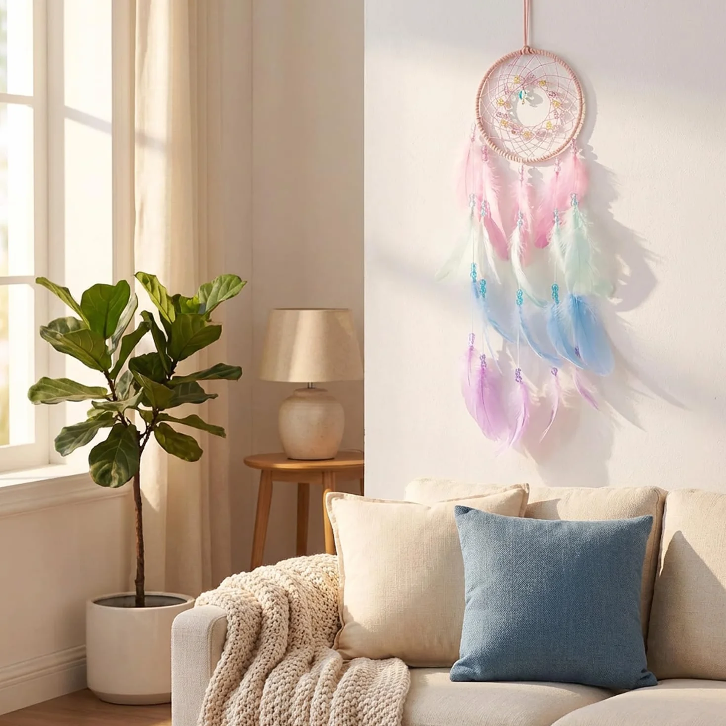 Atrapasueños Grande Hecho a Mano con Plumas y Cuentas de Colores Rosa