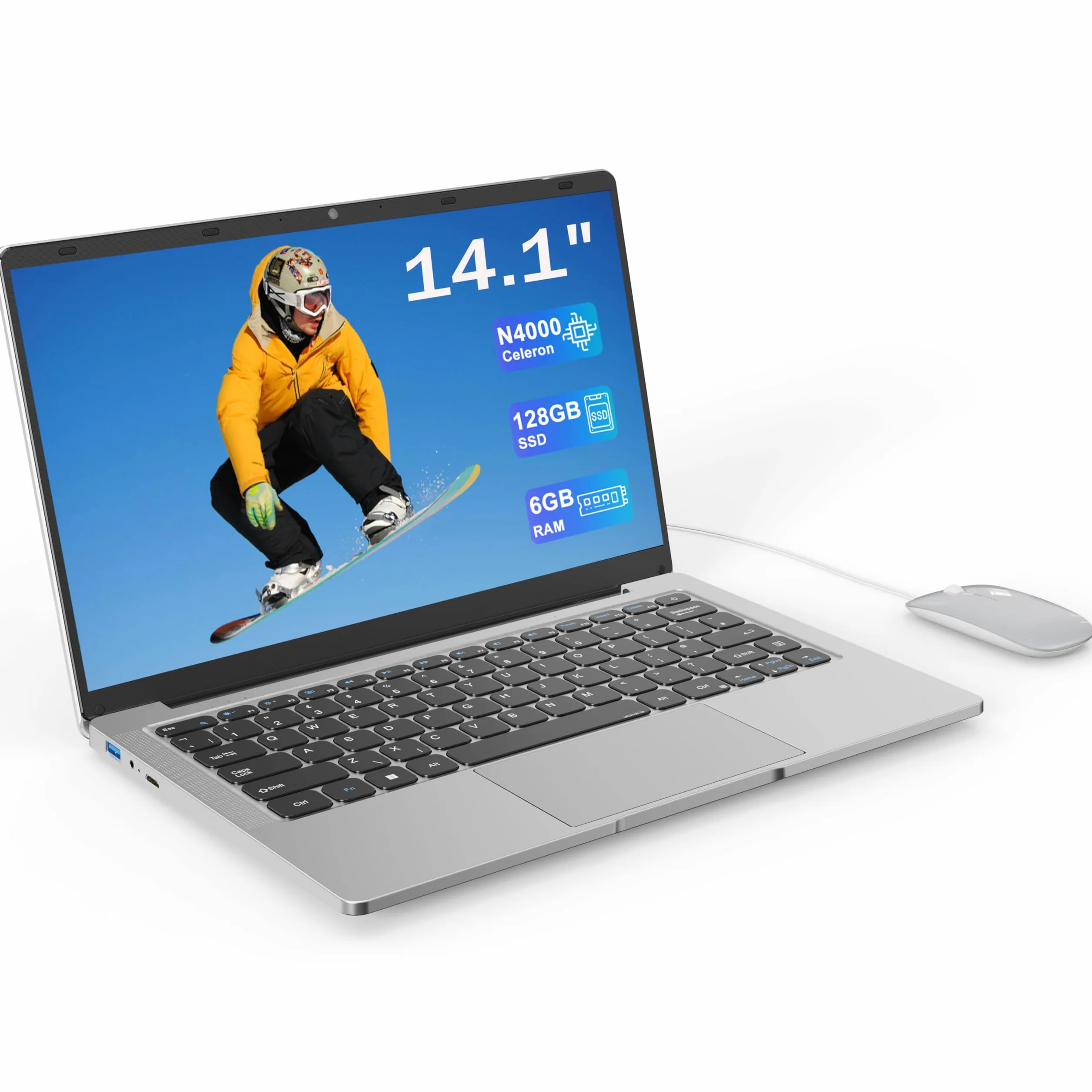 Ordenador portátil 14 pulgadas Dual-Core hasta 2,6 GHz • 6 GB RAM • 128 GB SSD • UHD portatil • WiFi 5G • Mini-HDMI • Teclado membrana • Diseño sin ventilador • Color plateado • Ratón incluido