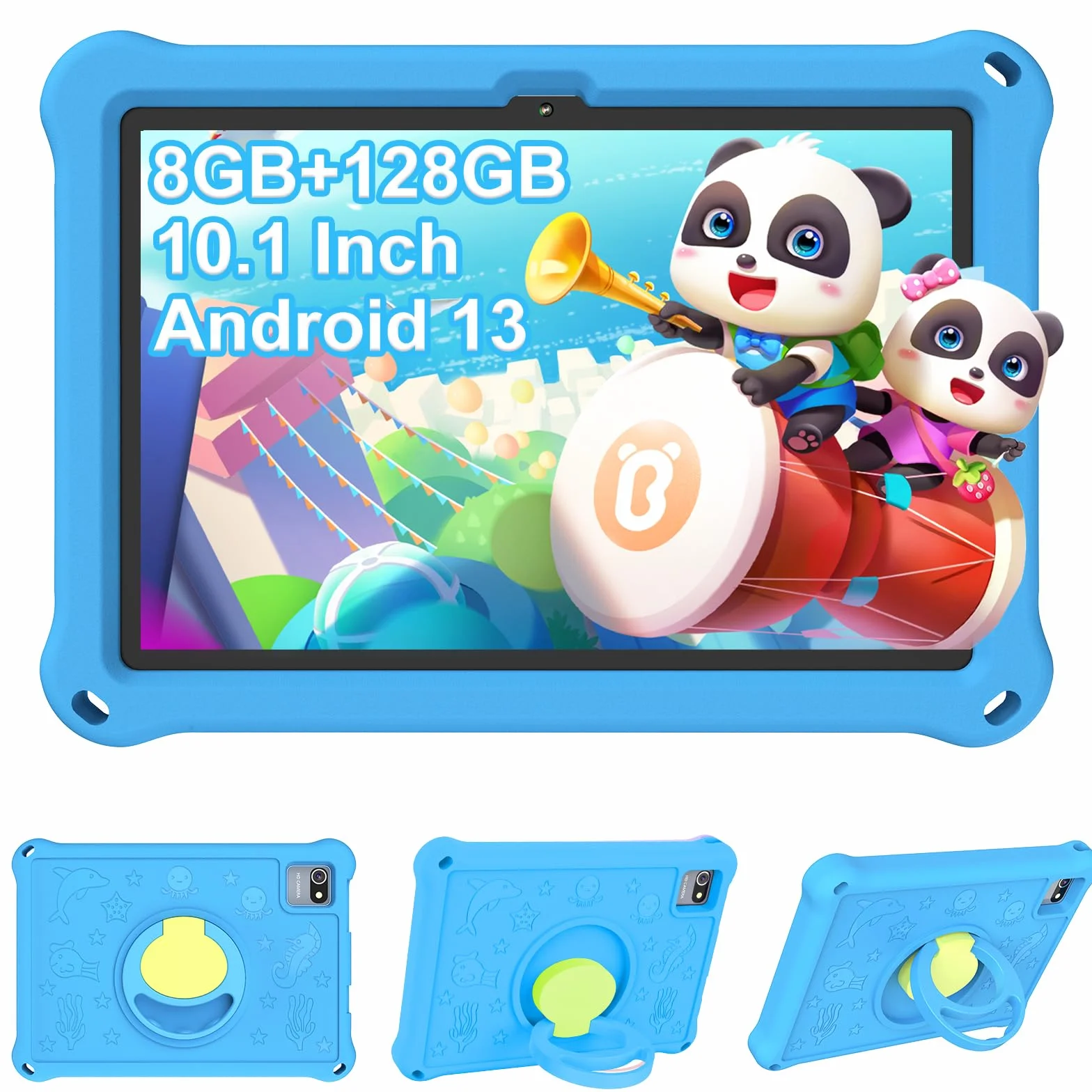 Tableta para Niños de 10.1 Pulgadas,Tabletas Android 13 con Funda Protectora, 8+128GB,Pantalla IPS 1280 * 800,Cámara Dual 2MP+5MP,6000mAh,Tableta Aprendizaje con Control Parental e iWawa,Azul