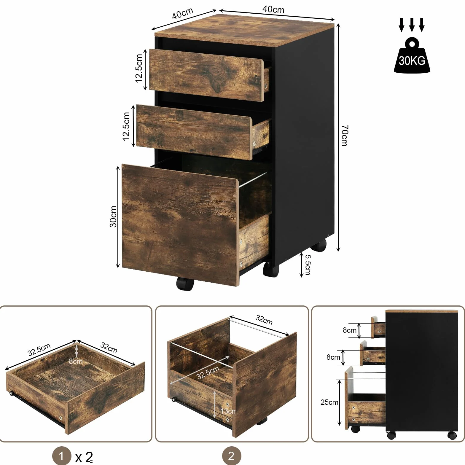 WOLTU Archivador Móvil 3 Cajones Cajonera 5 Ruedas Roble Marrón Negro 40x40x71.5 cm