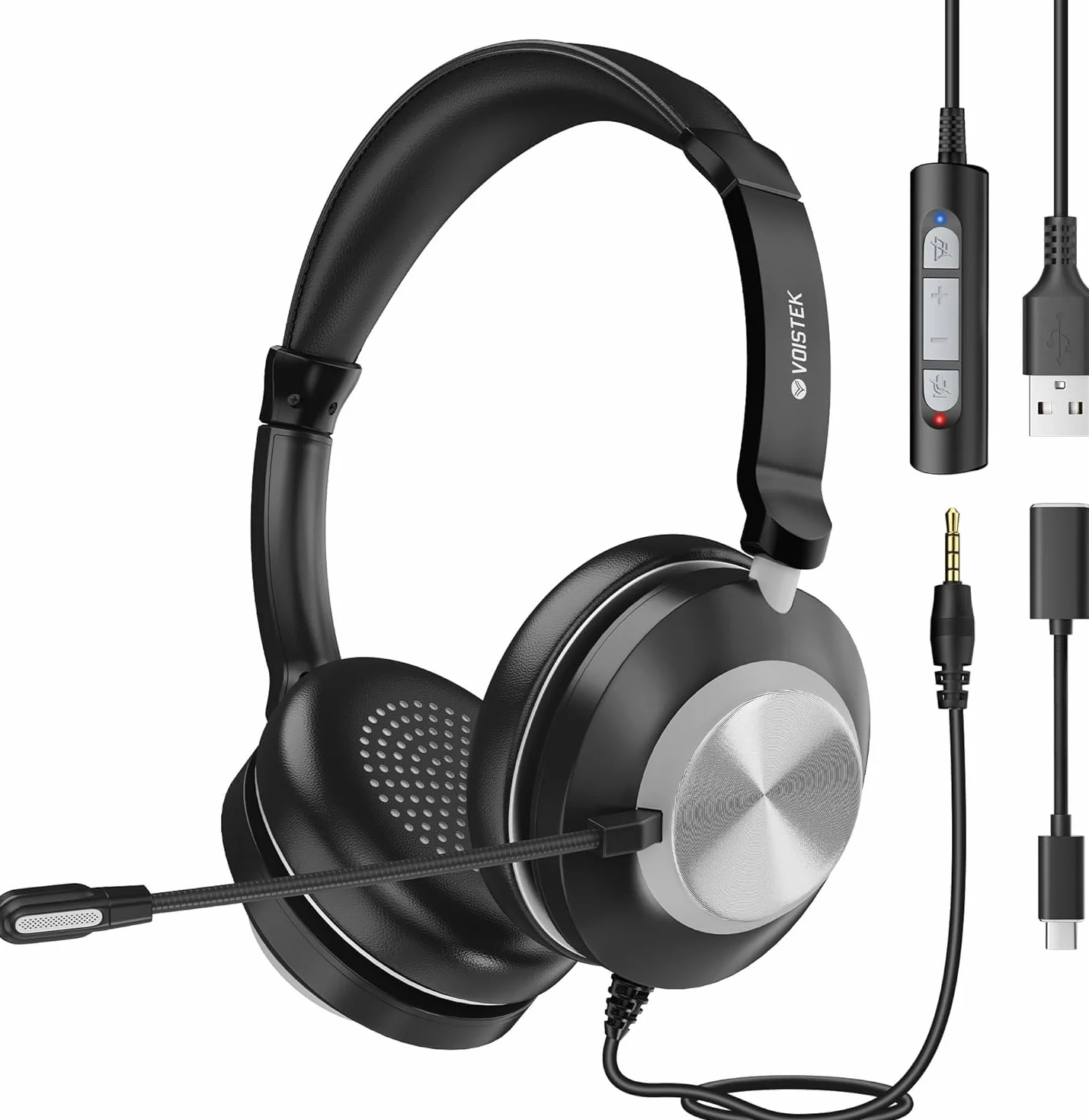 Voistek USB Auriculares con Micrófono, 3 en 1 (Type-C/USB-A/3.5mm Jack), Cascos Cable con Micrófono Cancelación de Ruido, para PC, Ordenador Portátil, Oficina, Teletrabajo, Call Center, Zoom, Teams