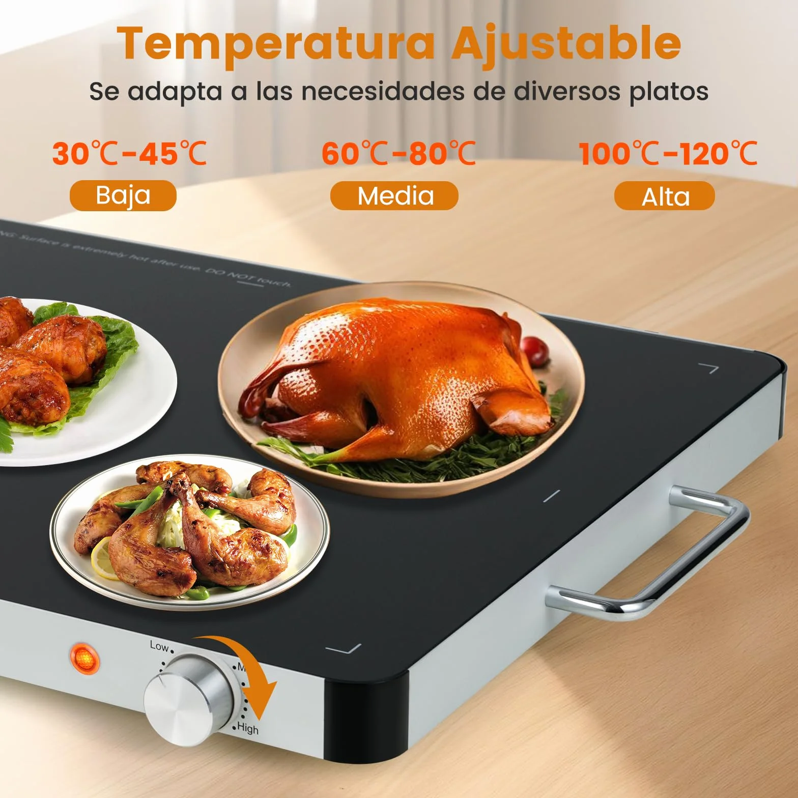 COSTWAY Bandeja Calentadora Eléctrica Vidrio Templado, Placa Calefactora Temperatura Ajustable, Asas Antiescaldaduras Portátil 61x42x4 cm