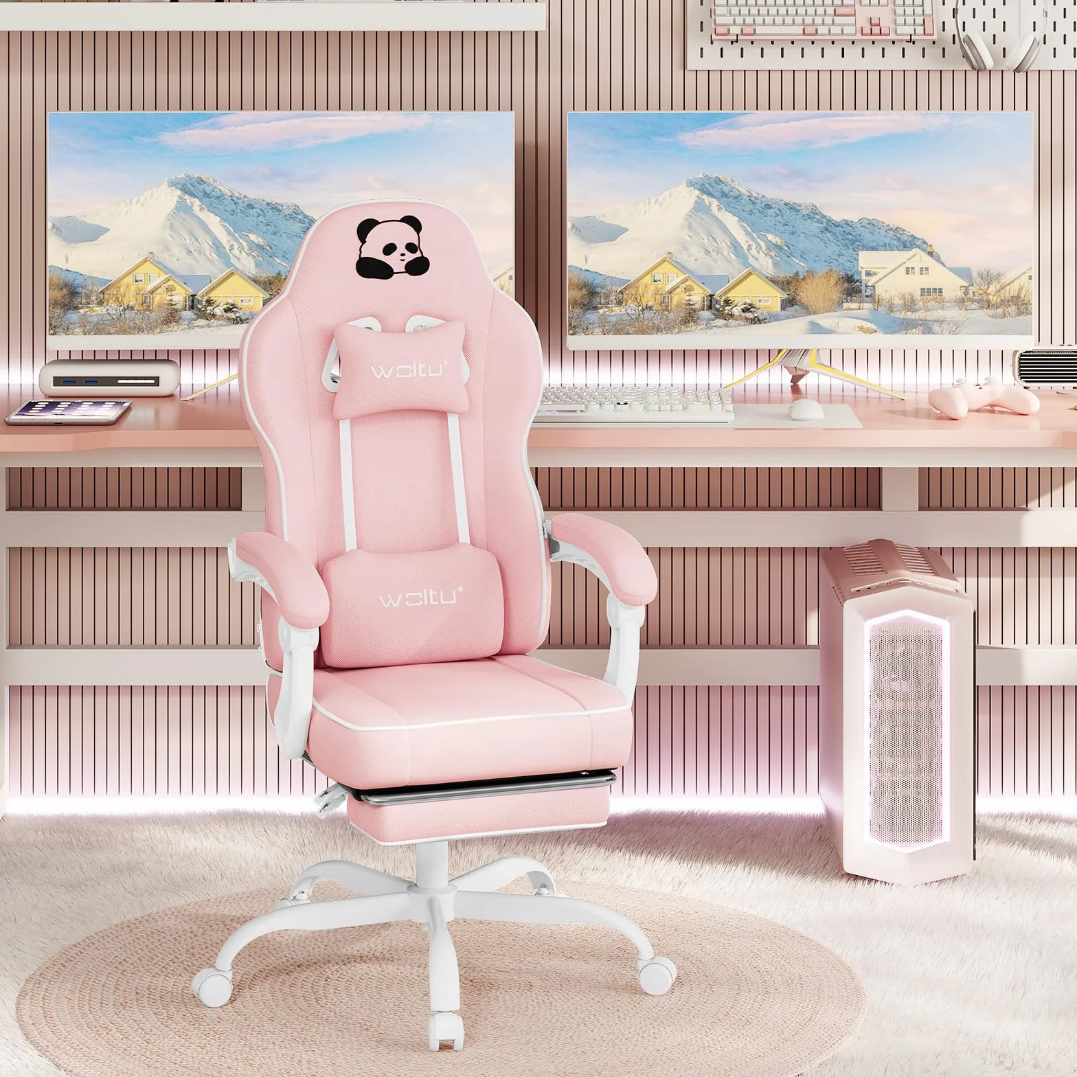 WOLTU Silla Gaming Ergonómica con Reposabrazos y Soporte Lumbar, Asiento Elástico, Estructura Metal, Tela de Malla, Rosa, GS16rs
