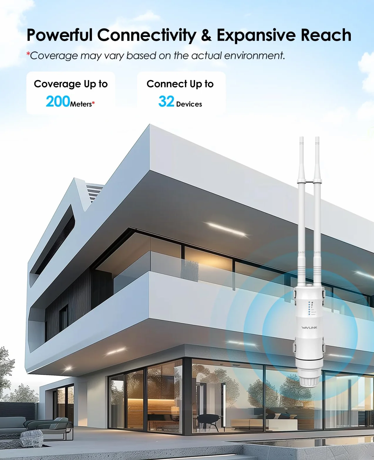 WAVLINK AC1200 Repetidor WiFi Exterior Largo Alcance PoE - Amplificador de Señal Doble Banda 2.4G+5G IP67 Impermeable, Punto de Acceso Outdoor con Antenas Potentes, Ideal para Jardín Piscina Parking