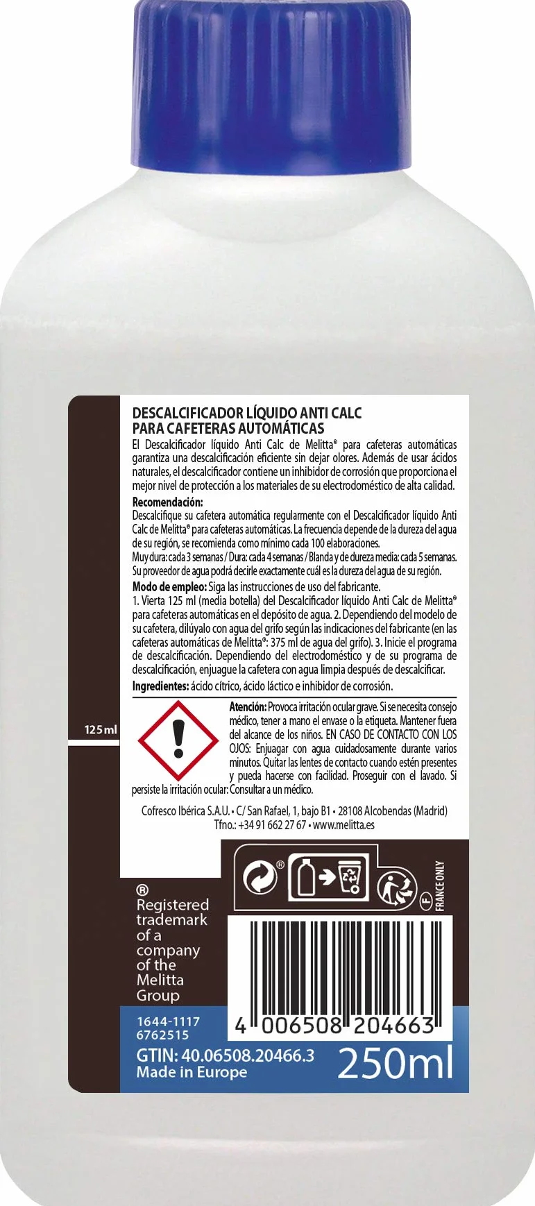 Melitta Anti Descalcificador Líquido ANTI CALC para Cafeteras Automáticas 250 ml
