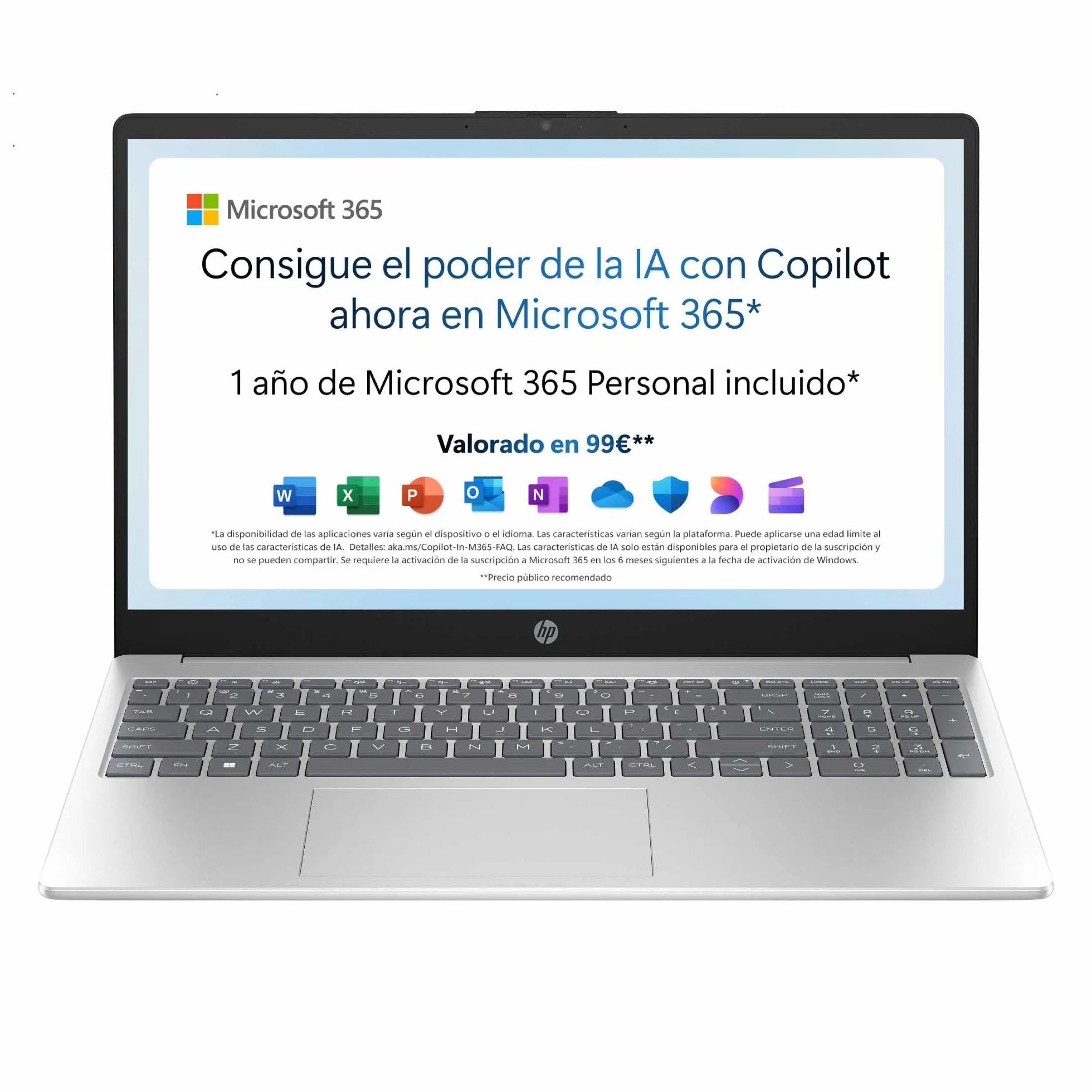 HP 15-fd0261ns - Ordenador portátil de 15.6" FHD (Intel N100, 4GB RAM, 128GB UFS, Intel UHD, Windows 11) Plata - Teclado QWERTY Español - Incluye Microsoft 365 Personal 12 Meses