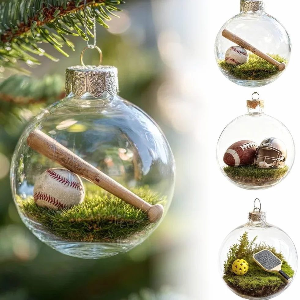 Juego de adornos navideños de bola deportiva transparente 3.15 pulgadas colgante fútbol béisbol voleibol tenis